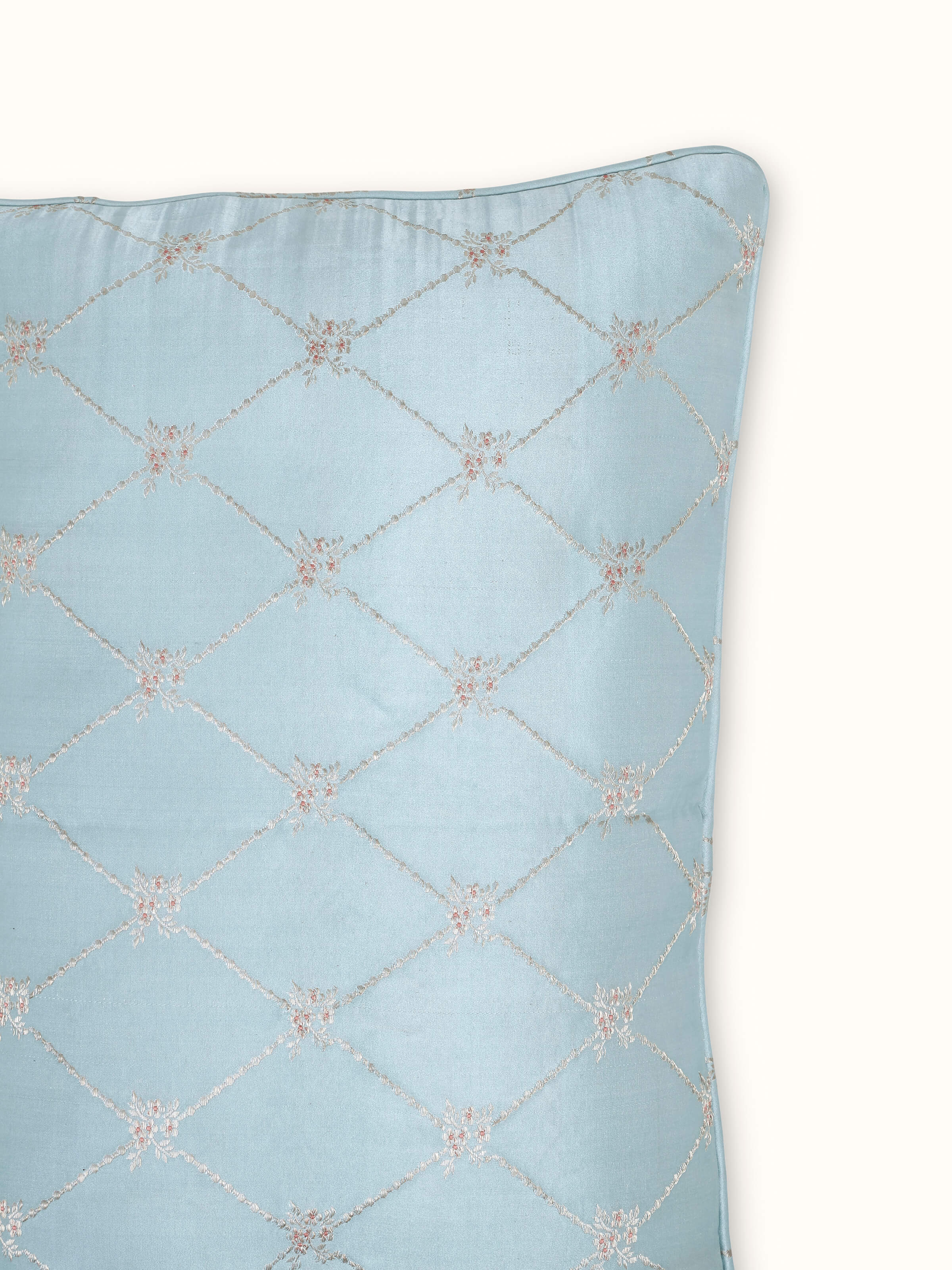 Rear view showcasing back fabric and high-quality closure of cushion cover.