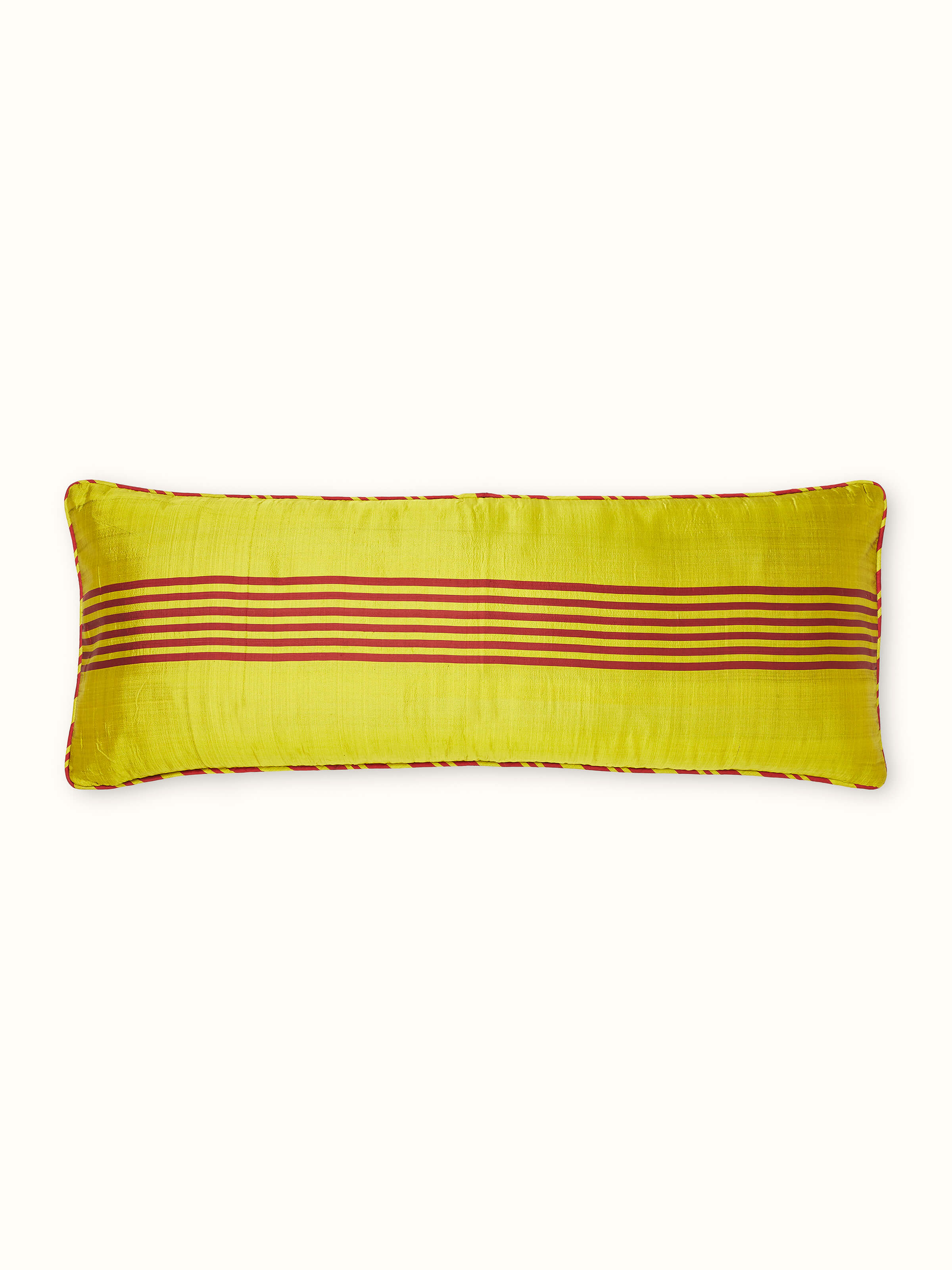 Front view of Bhoomi Yellow Stripe Silk Odisha Ikat Handloom Cushion Cover, highlighting the vibrant yellow stripes and intricate ikat pattern.