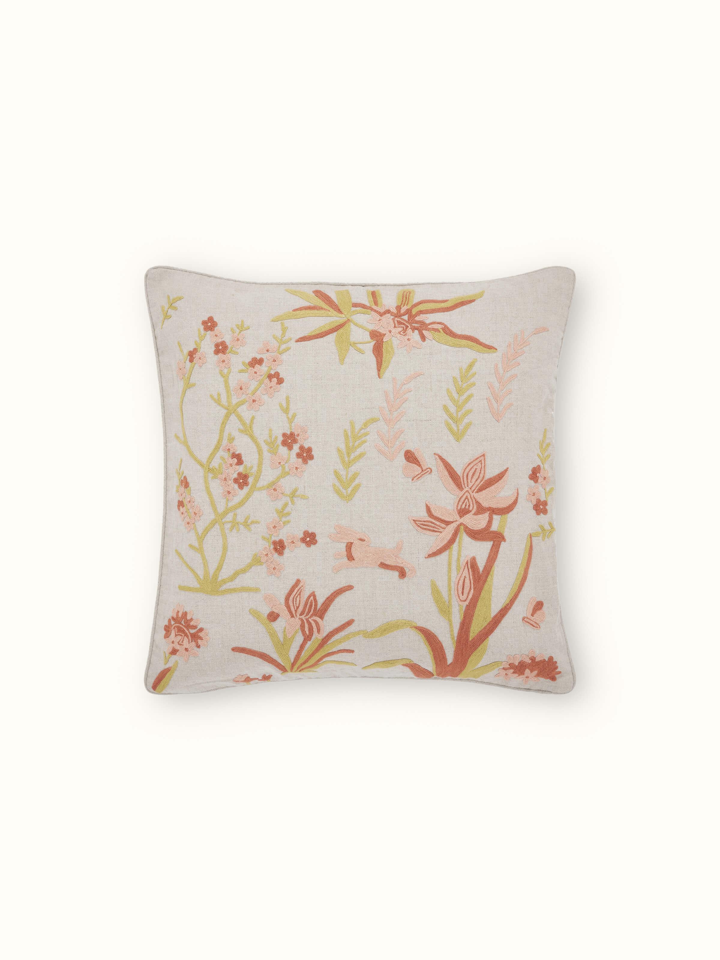 Front view of Mansur Peach Allover Linen Crewel Hand Embroidered Cushion Cover featuring intricate hand embroidery on a peach linen base