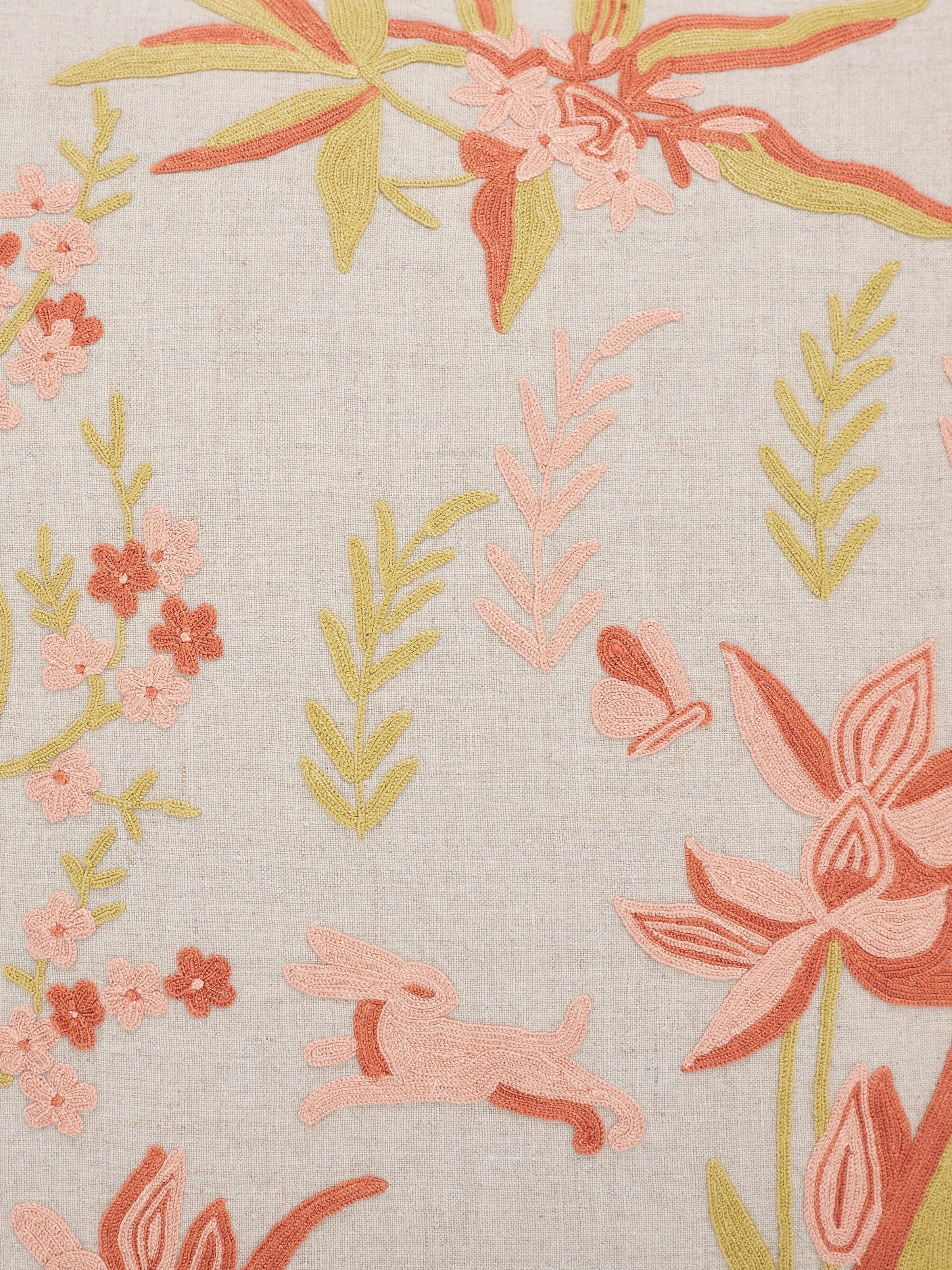 Detailed view of Mansur Peach Allover Linen Crewel Hand Embroidered Cushion Cover focusing on the quality and craftsmanship of the embroidery