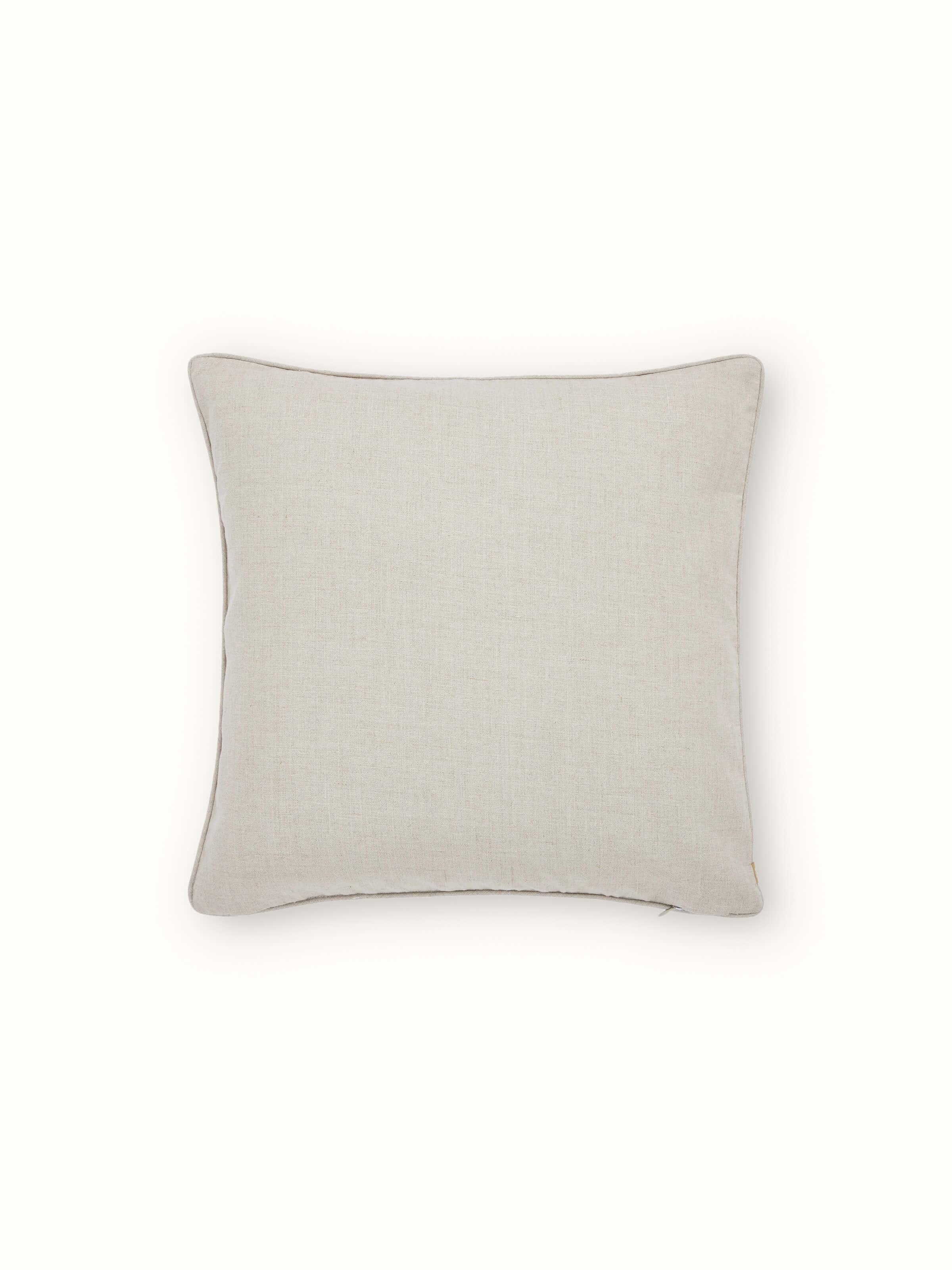 Side view of Mansur Peach Allover Linen Crewel Hand Embroidered Cushion Cover emphasizing its elegant design and texture