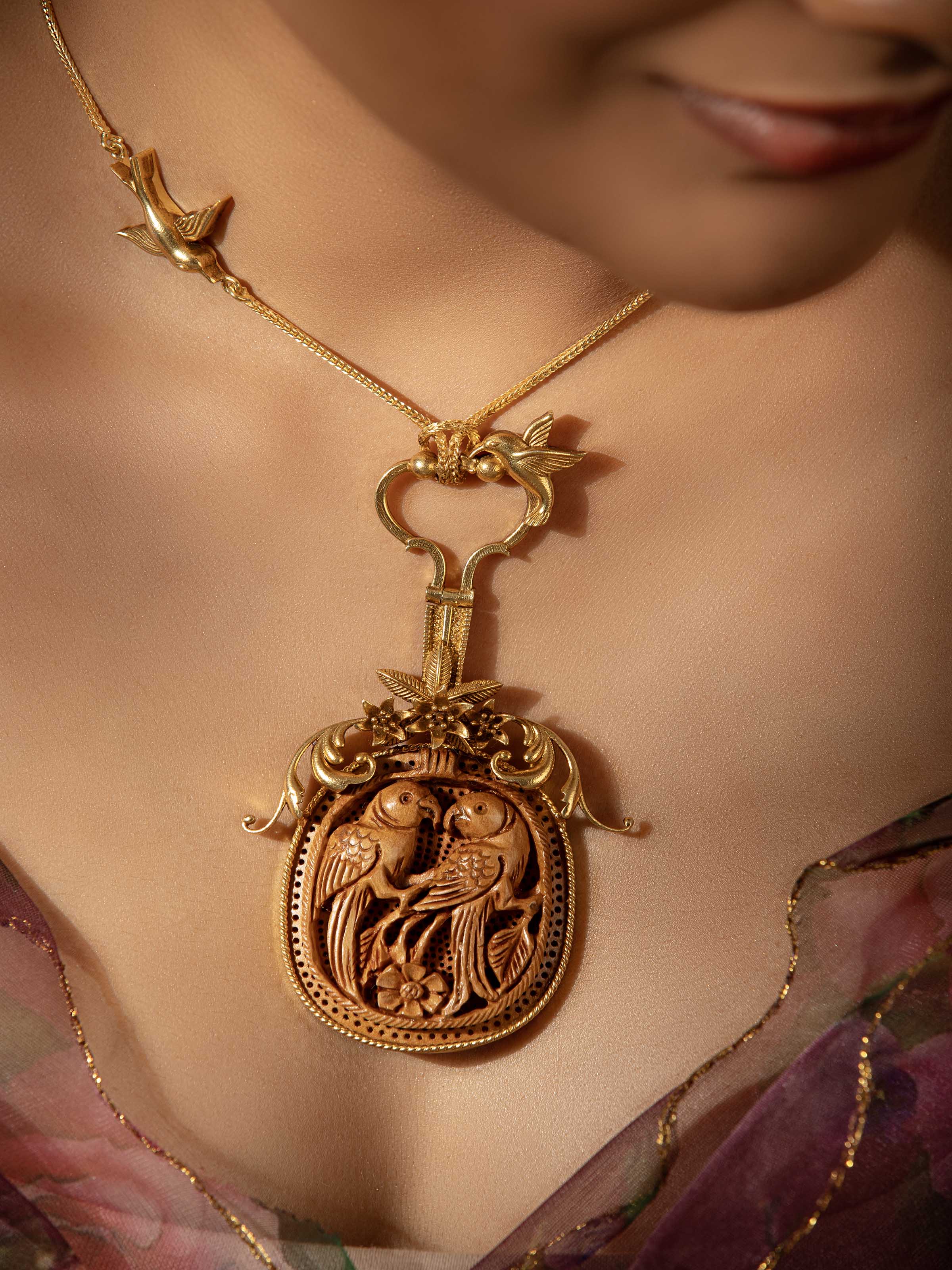 Second lifestyle view of handcrafted necklace accentuating neckline