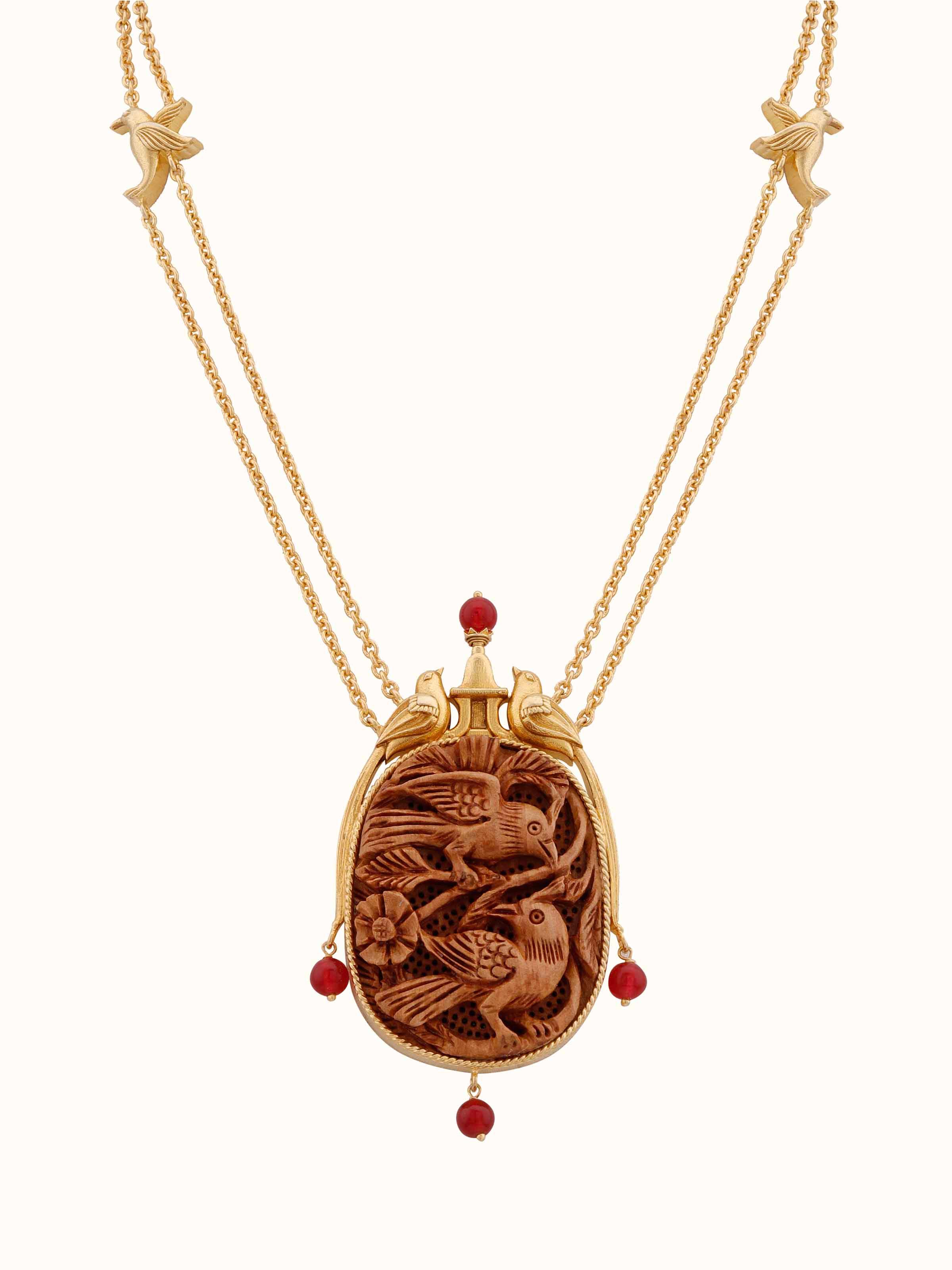 Front view of Carved Wood & Silver Long Necklace featuring unique wood carvings and silver accents.