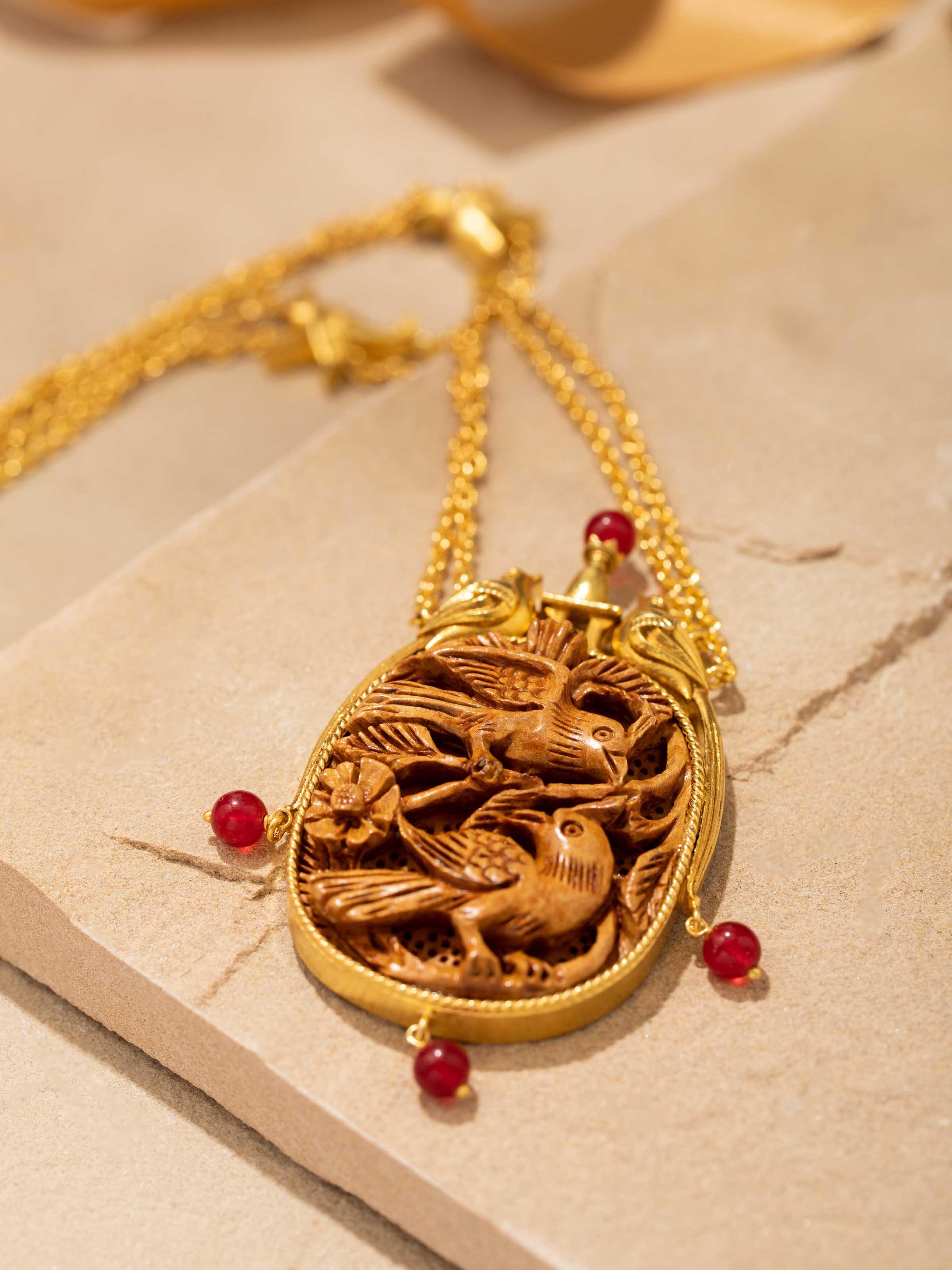 Back view of Carved Wood & Silver Long Necklace showing the clasp and overall design.