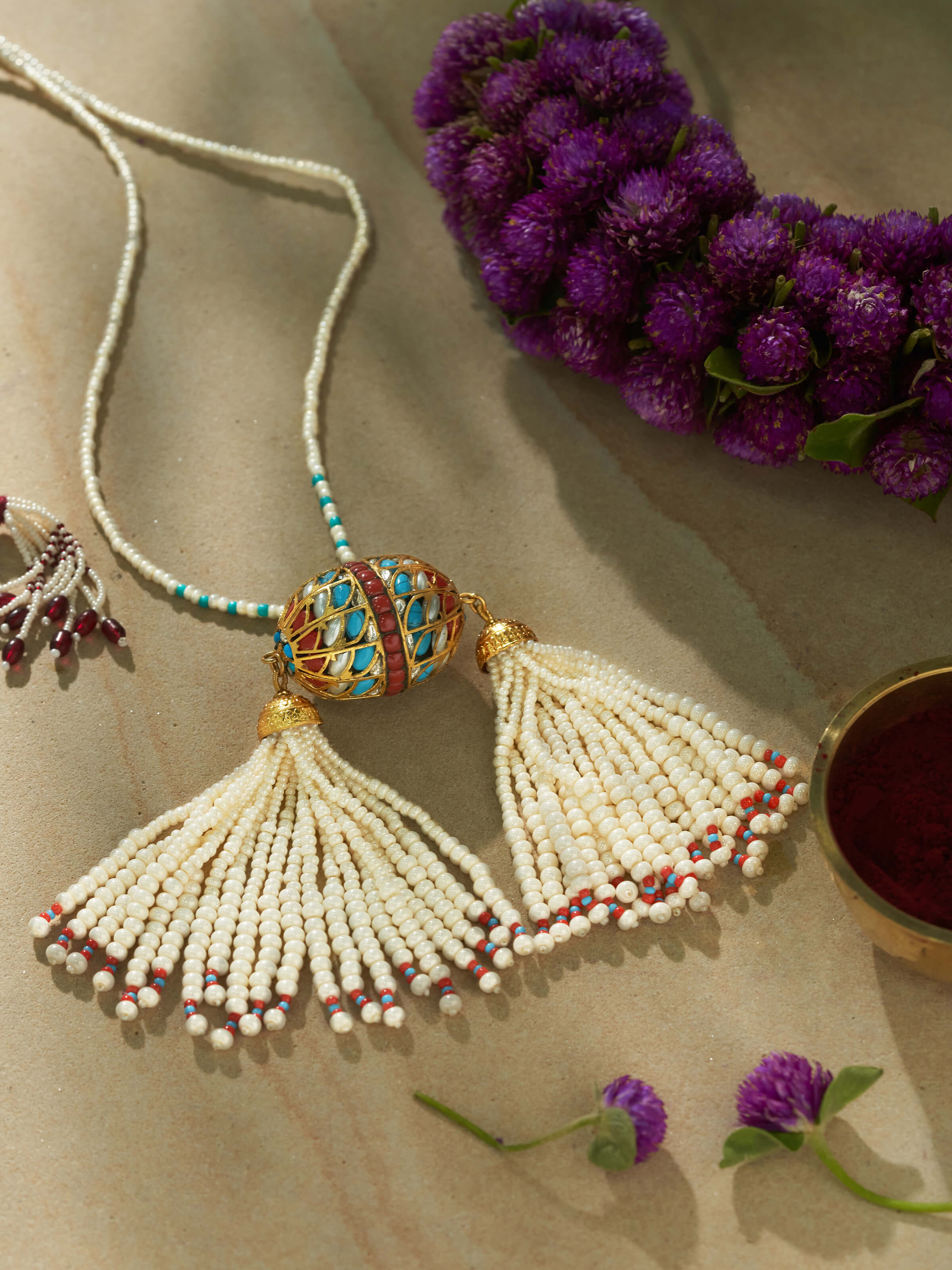 Side view of Bandhel Metal Long Necklace highlighting the detailed metalwork and elegant design