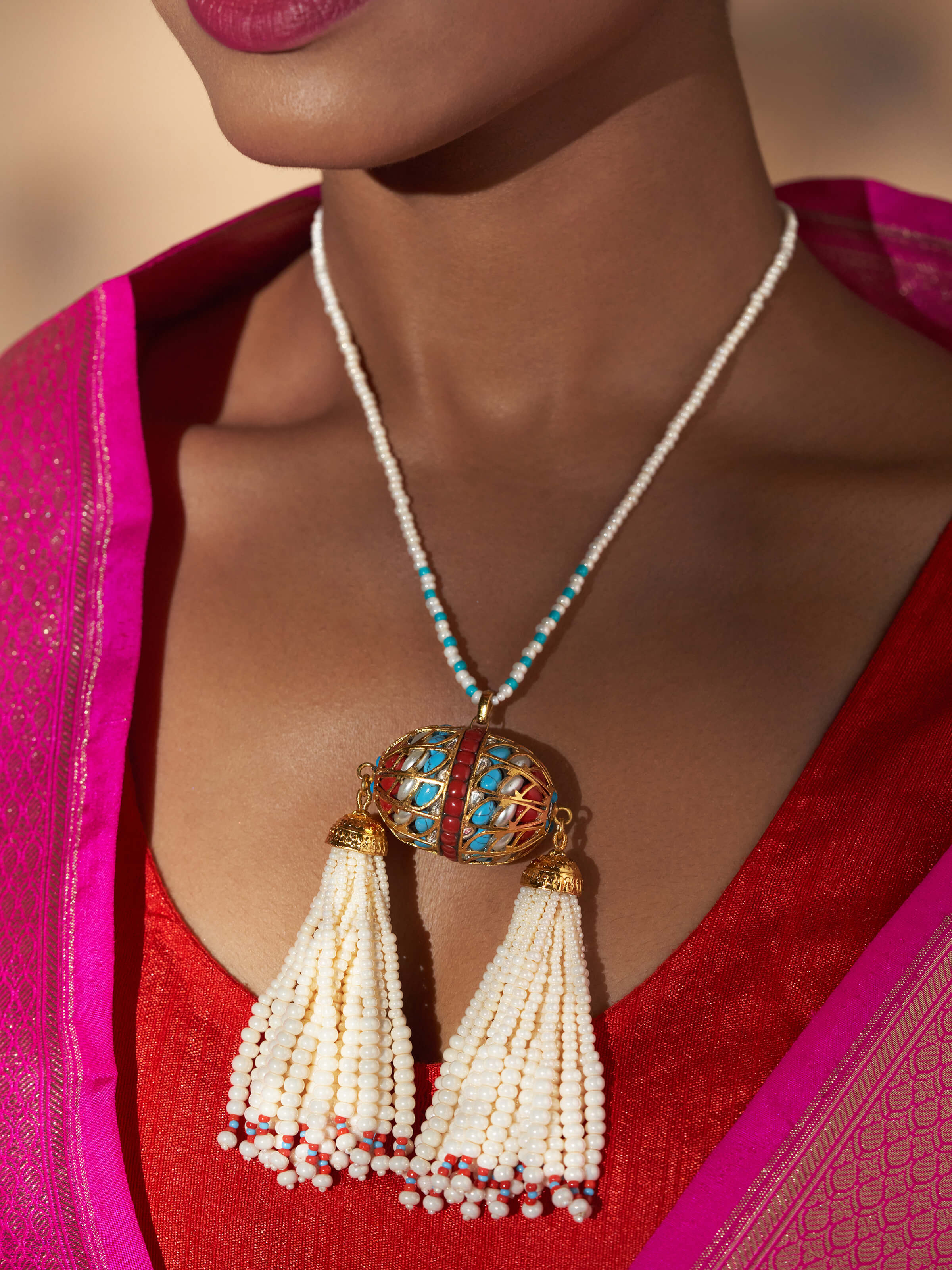 Close-up view of Bandhel Metal Long Necklace featuring detailed metal design and craftsmanship