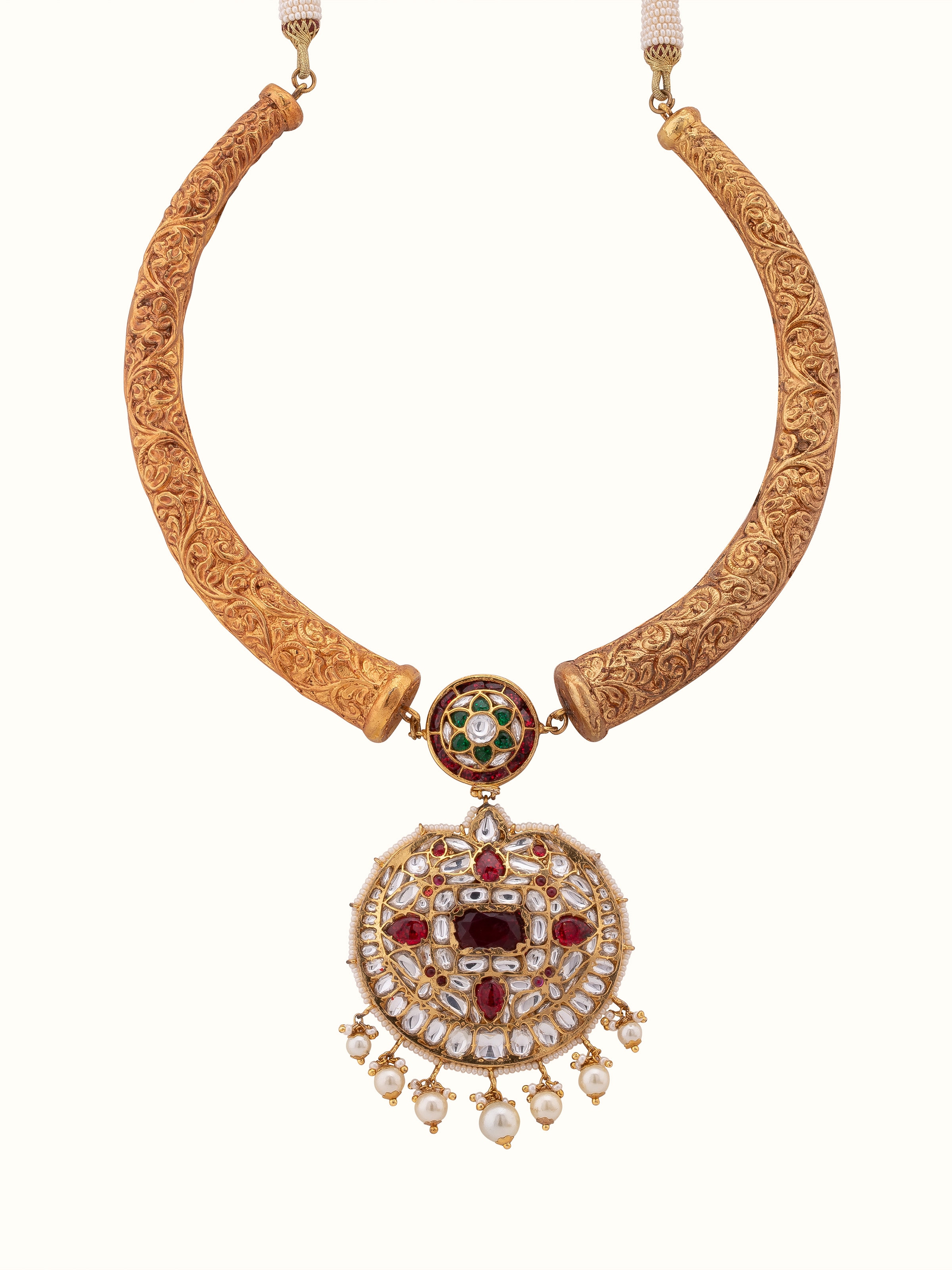 "Front view of Bandhel metal collar necklace with intricate metalwork"