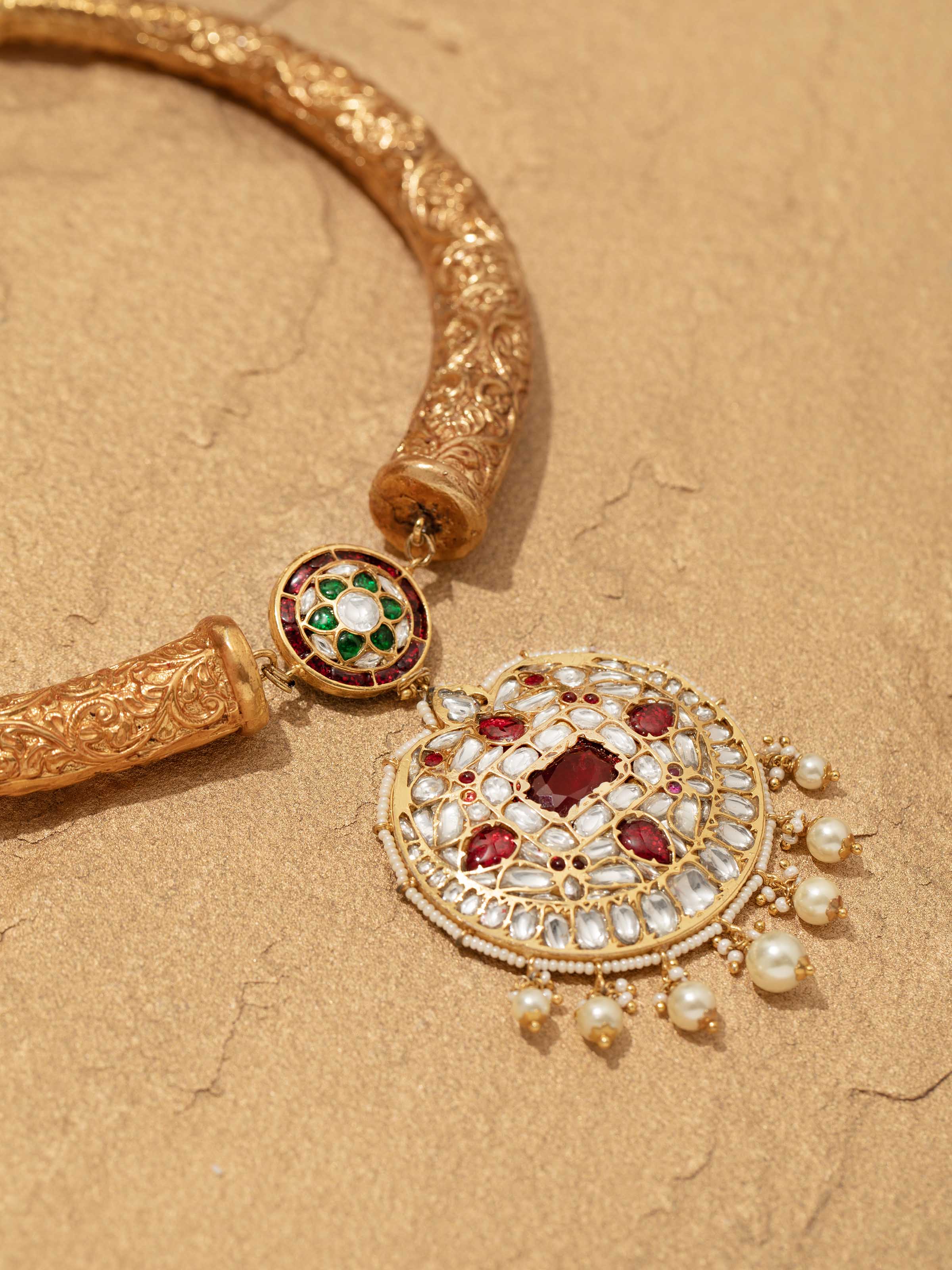 "Detailed view of Bandhel metal collar necklace with emphasis on craftsmanship"