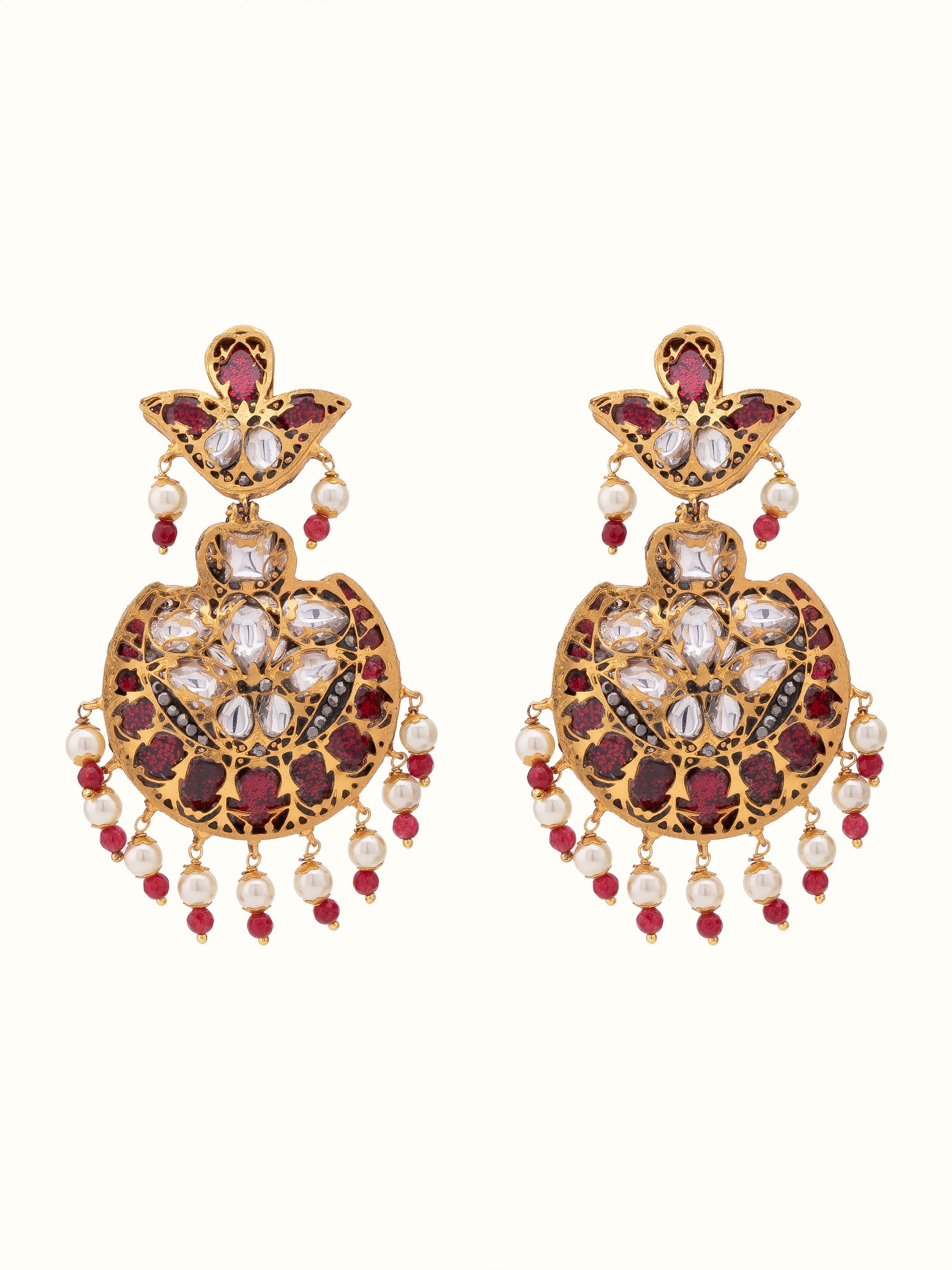 Front view of Bandhel metal drop earrings with traditional design