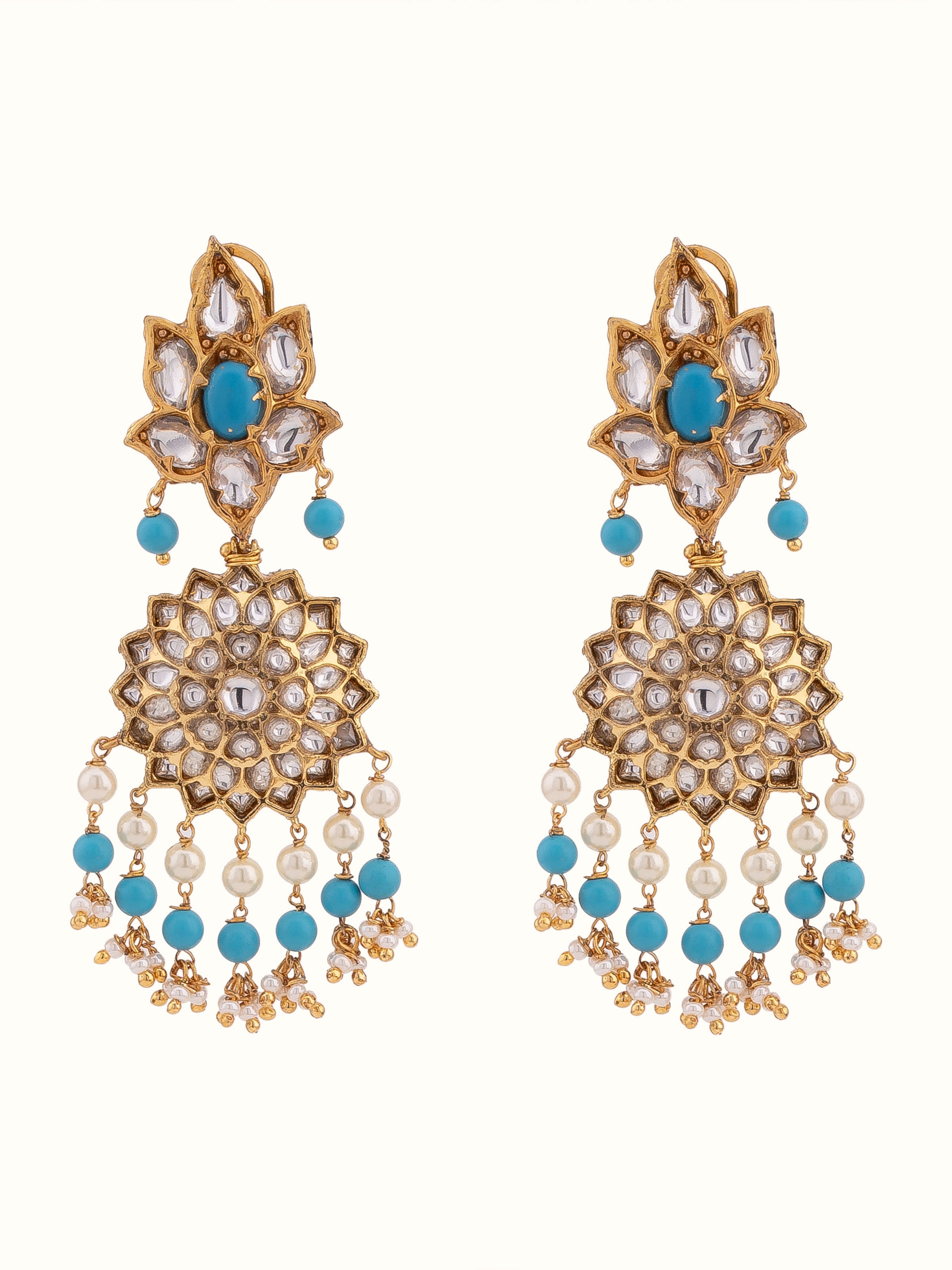 Front view of Bandhel metal drop earrings featuring unique design and finish