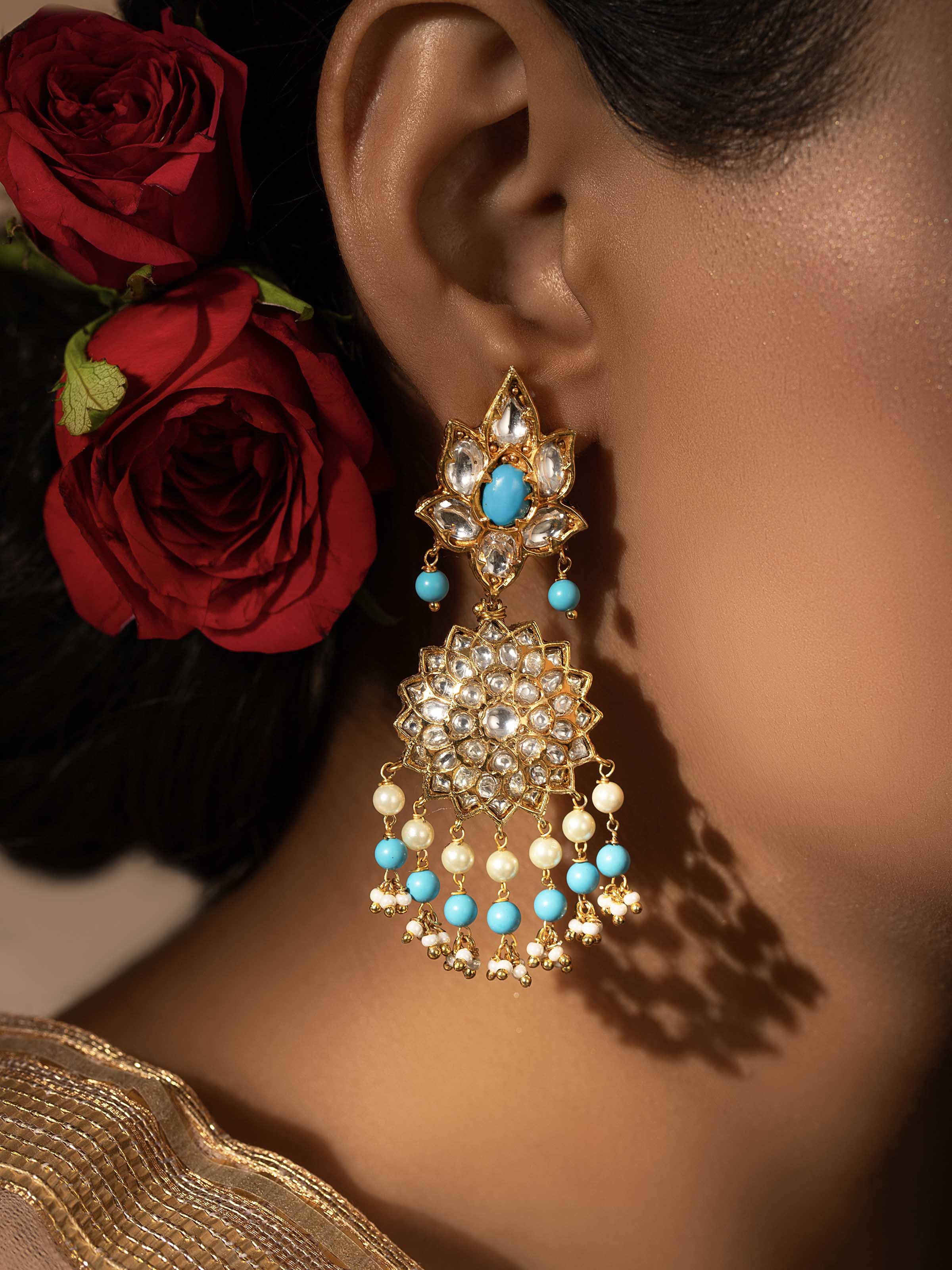 Close-up of Bandhel metal drop earrings emphasizing craftsmanship and quality