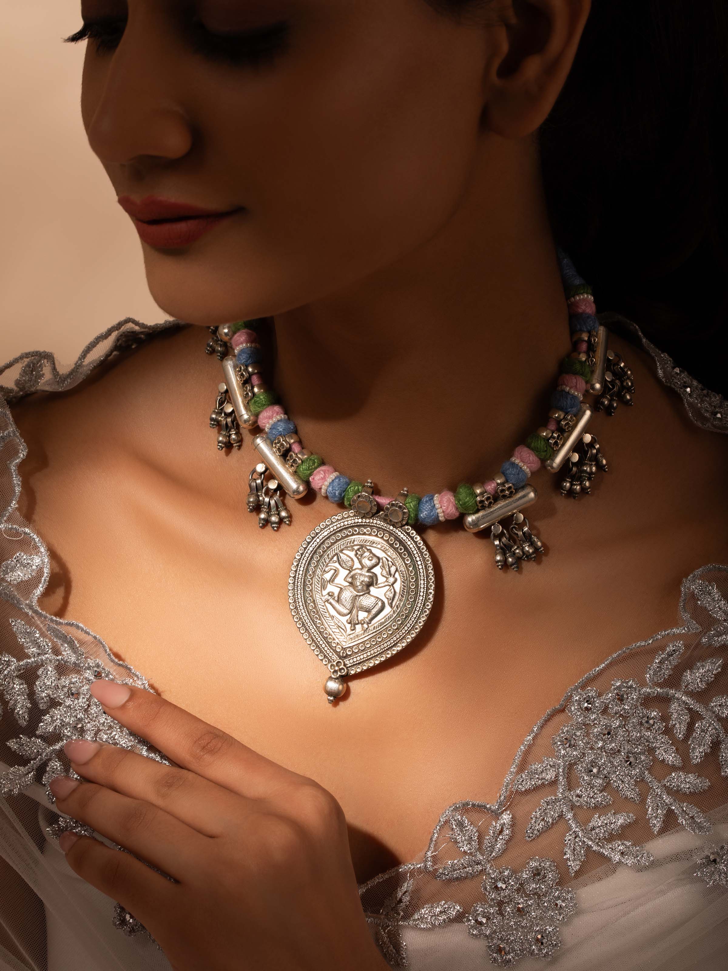 Close-up of Silver Smithing Collar Necklace emphasizing the high-quality silver and intricate craftsmanship
