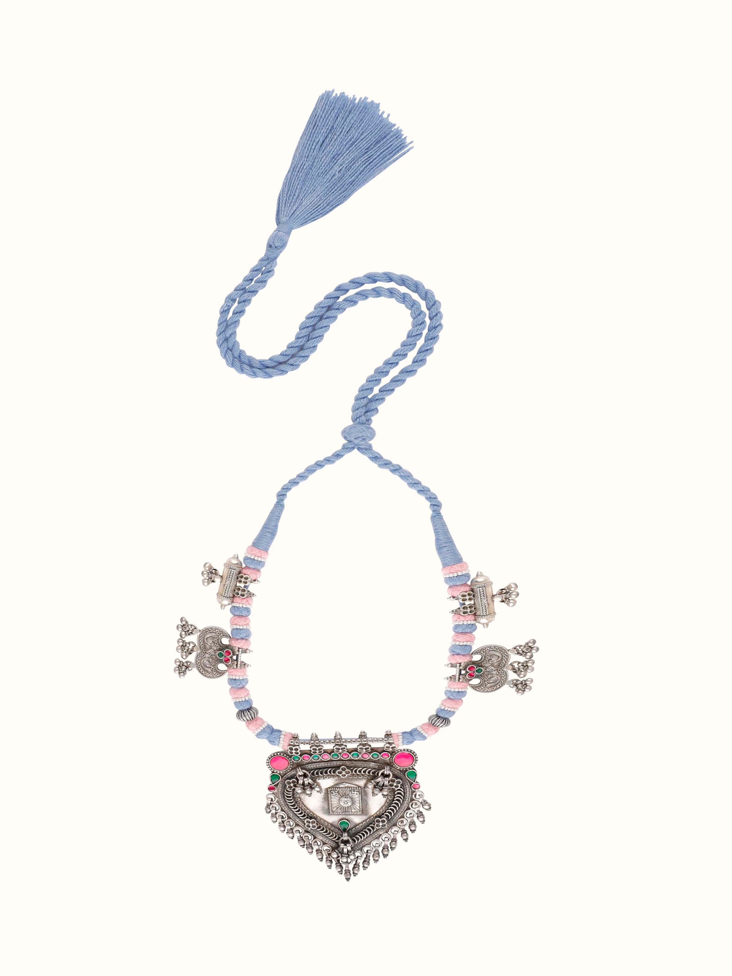 Front view of silver smithing collar necklace showcasing its elegant design and shine