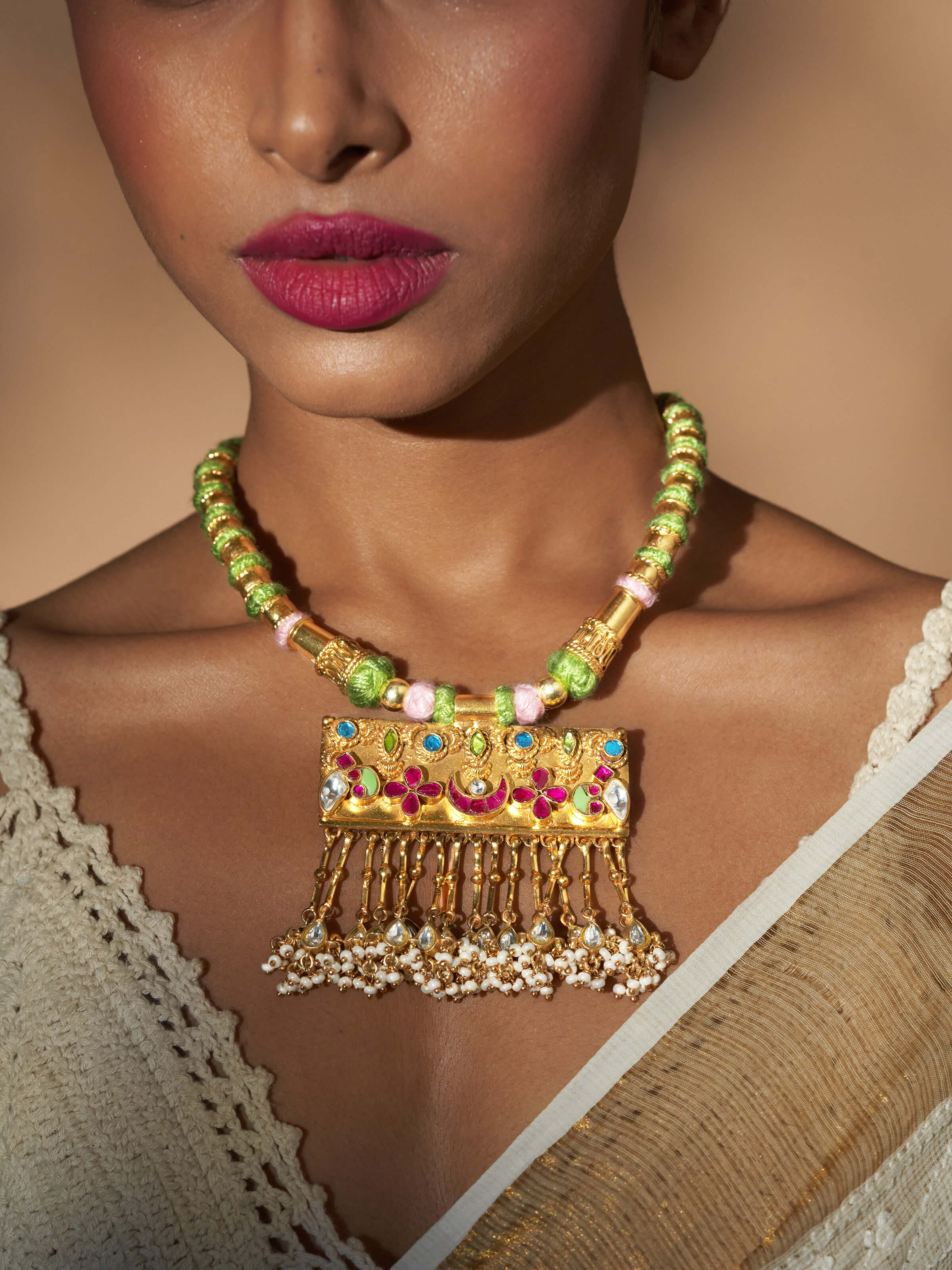 Side view of Silver Smithing collar necklace showcasing detailed metalwork and intricate design