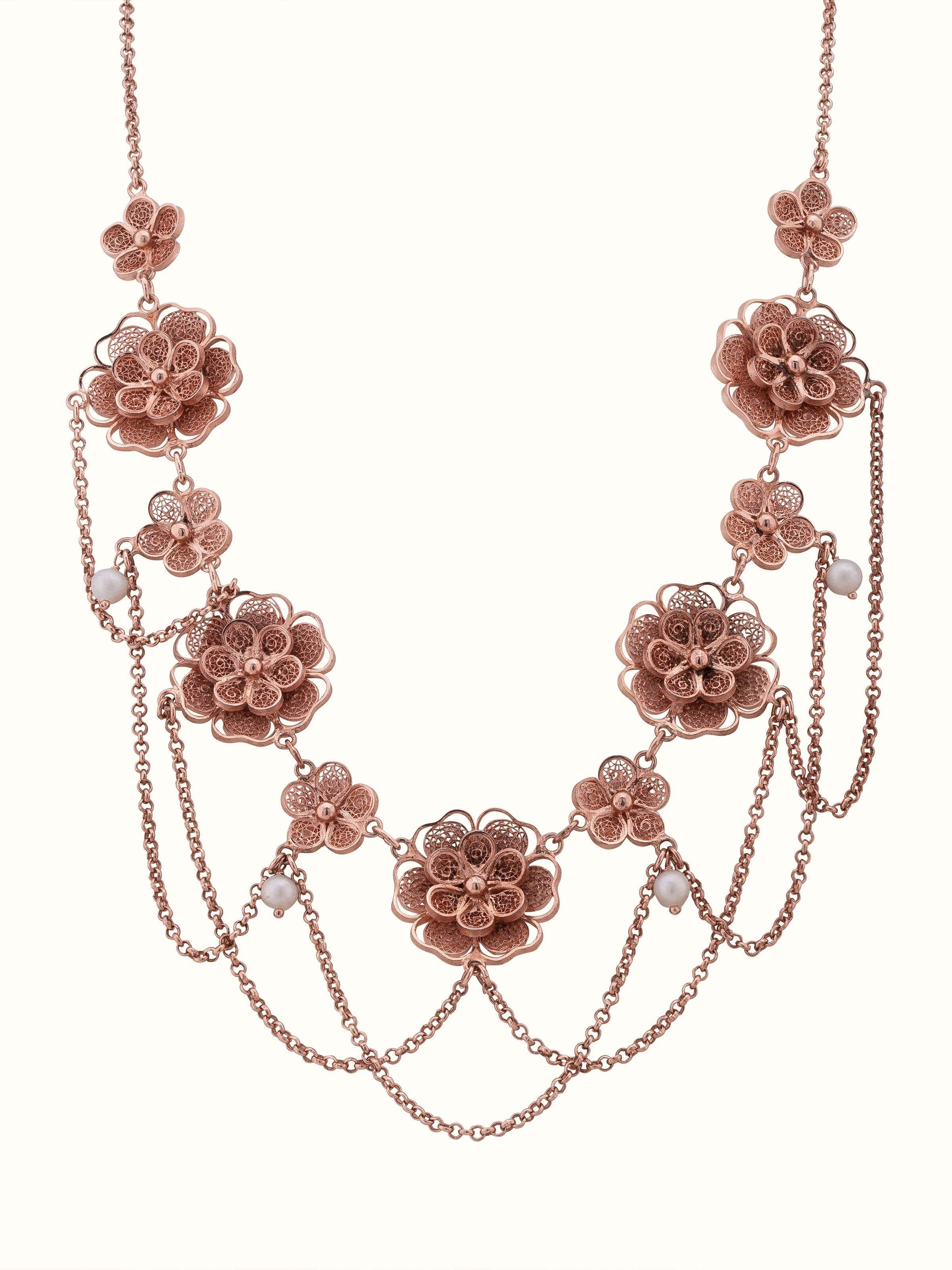 Front view of silver filigree collar necklace showcasing detailed metalwork.