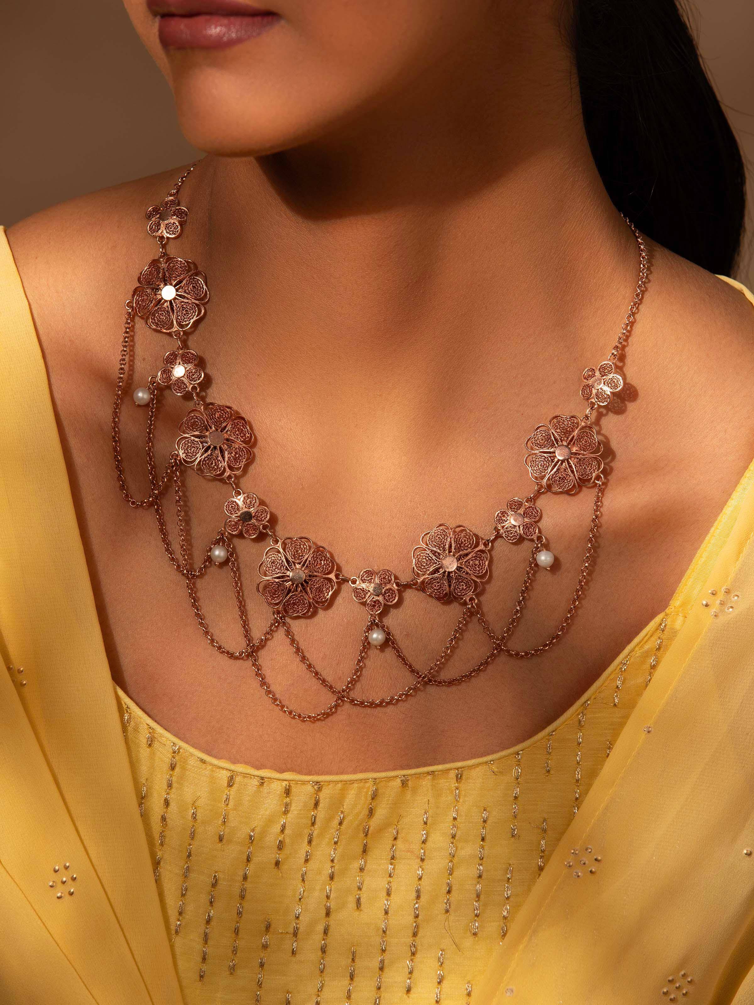 Side view of silver filigree collar necklace emphasizing its elegant design.