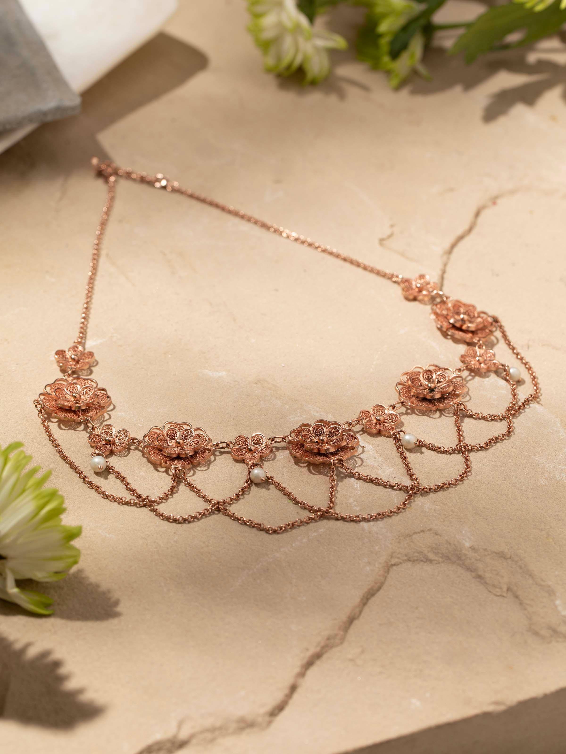 Back view of silver filigree collar necklace highlighting the clasp and overall design.