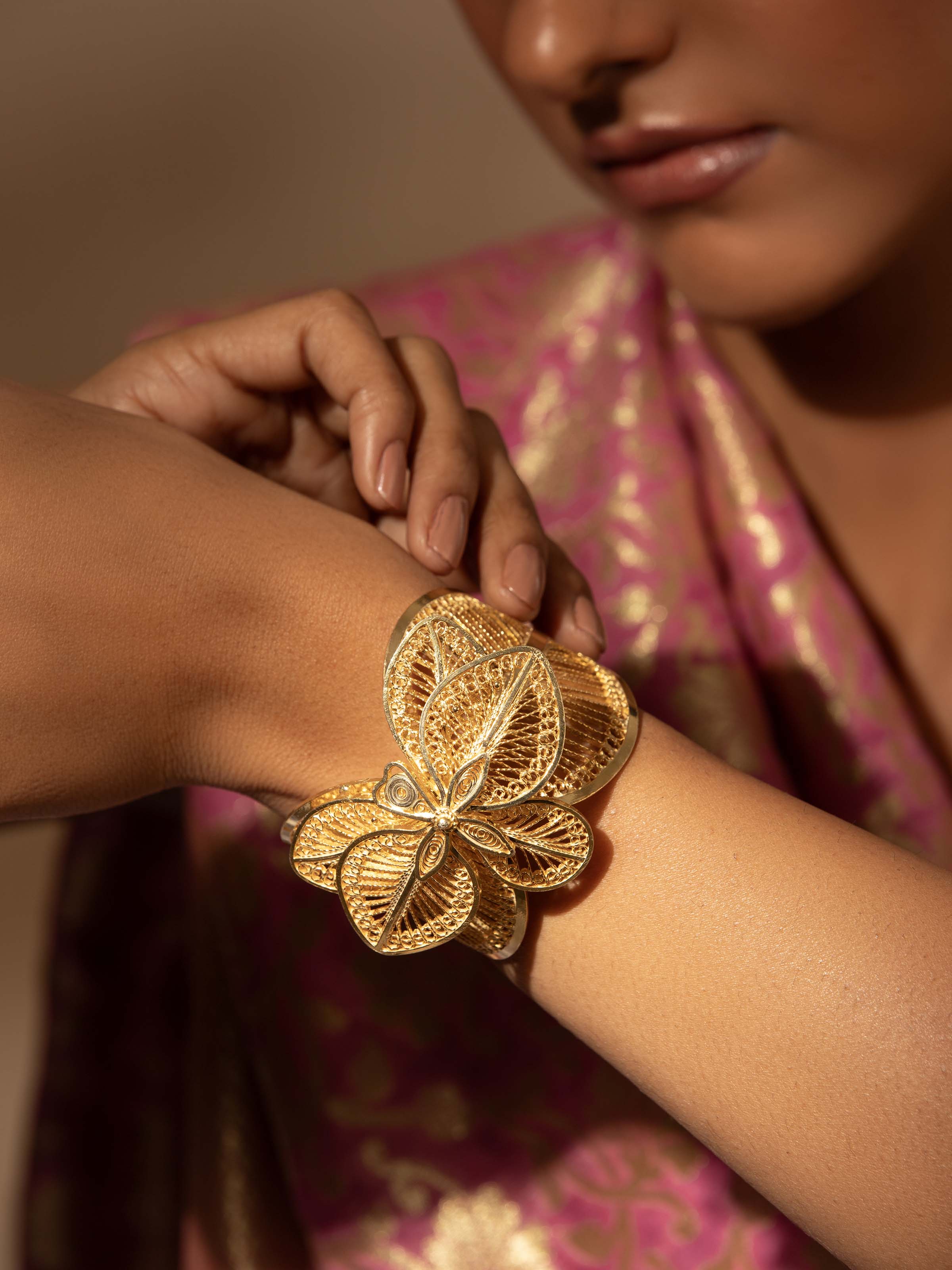 Close-up of Silver Filigree Hand Cuff highlighting the fine filigree work and elegant craftsmanship.