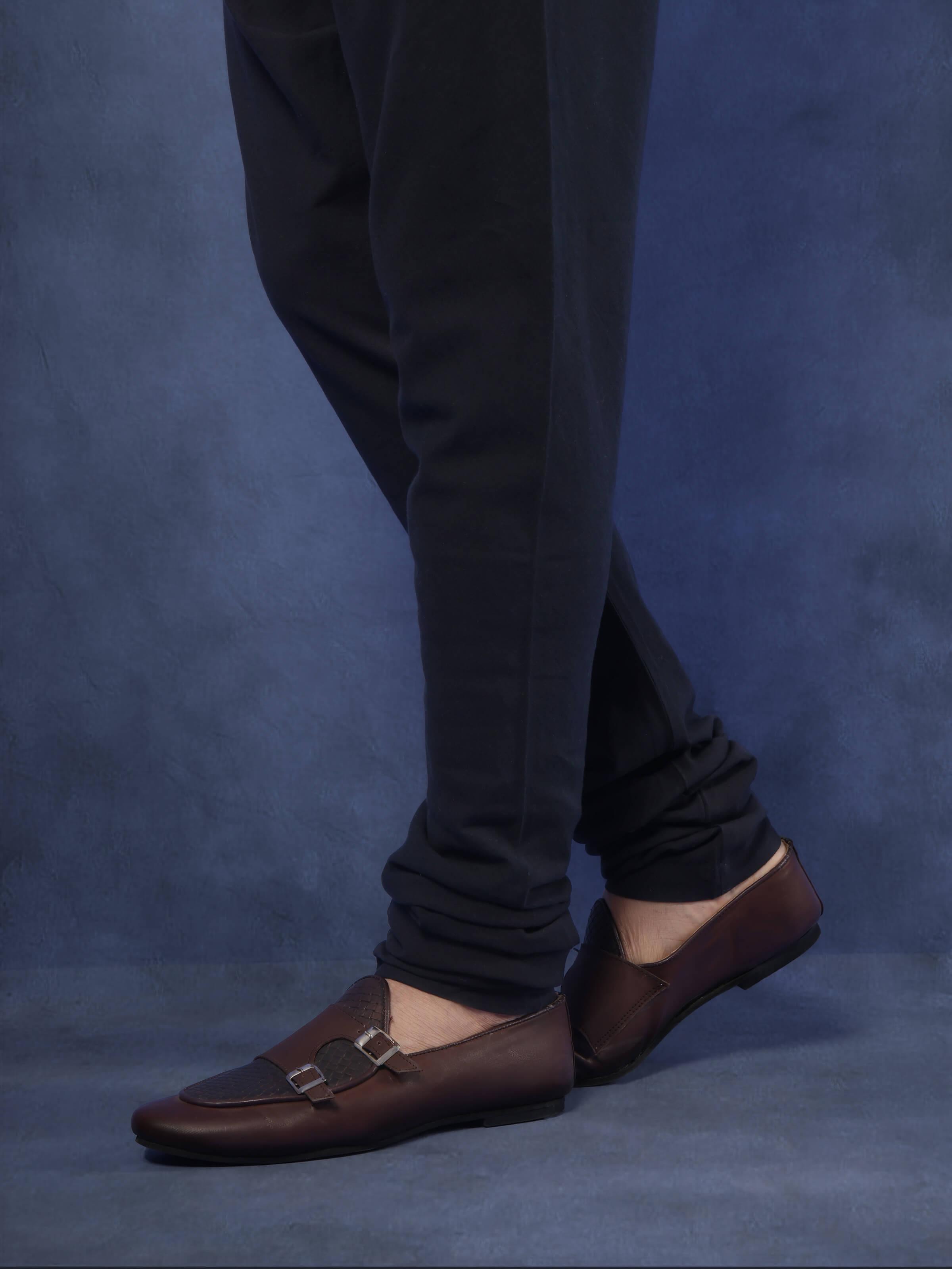 Angled view of churidar emphasizing slim fit and stretchable cotton fabric.