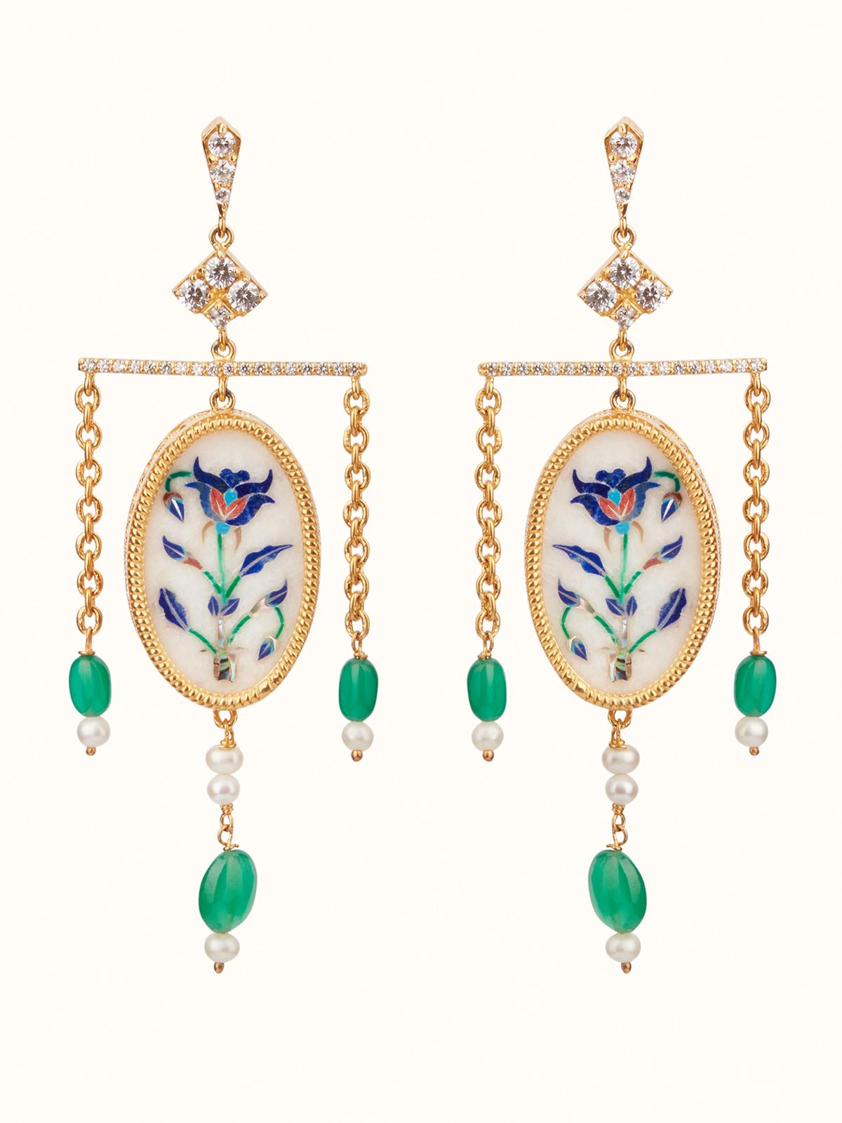 Front view of Pacchikari Silver Drop Earrings featuring intricate Pacchikari silverwork with detailed patterns.