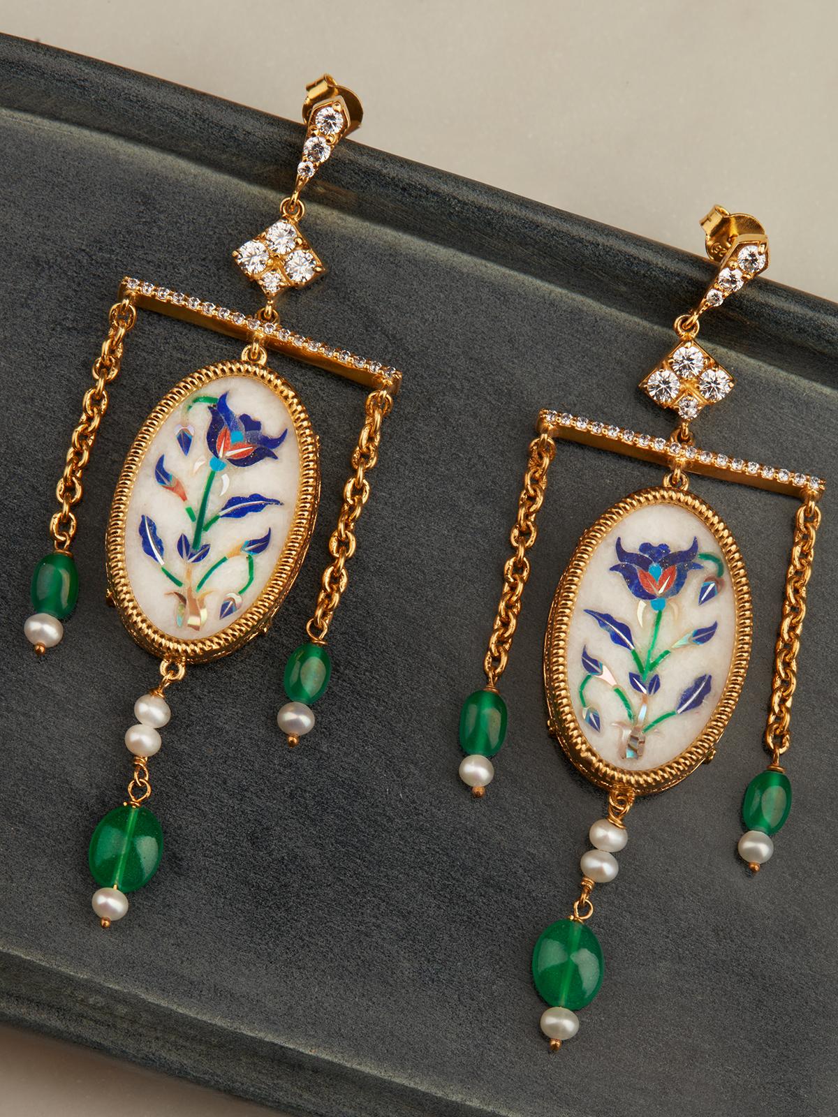 Detailed image of Pacchikari Silver Drop Earrings focusing on the fine silver detailing and traditional craftsmanship.