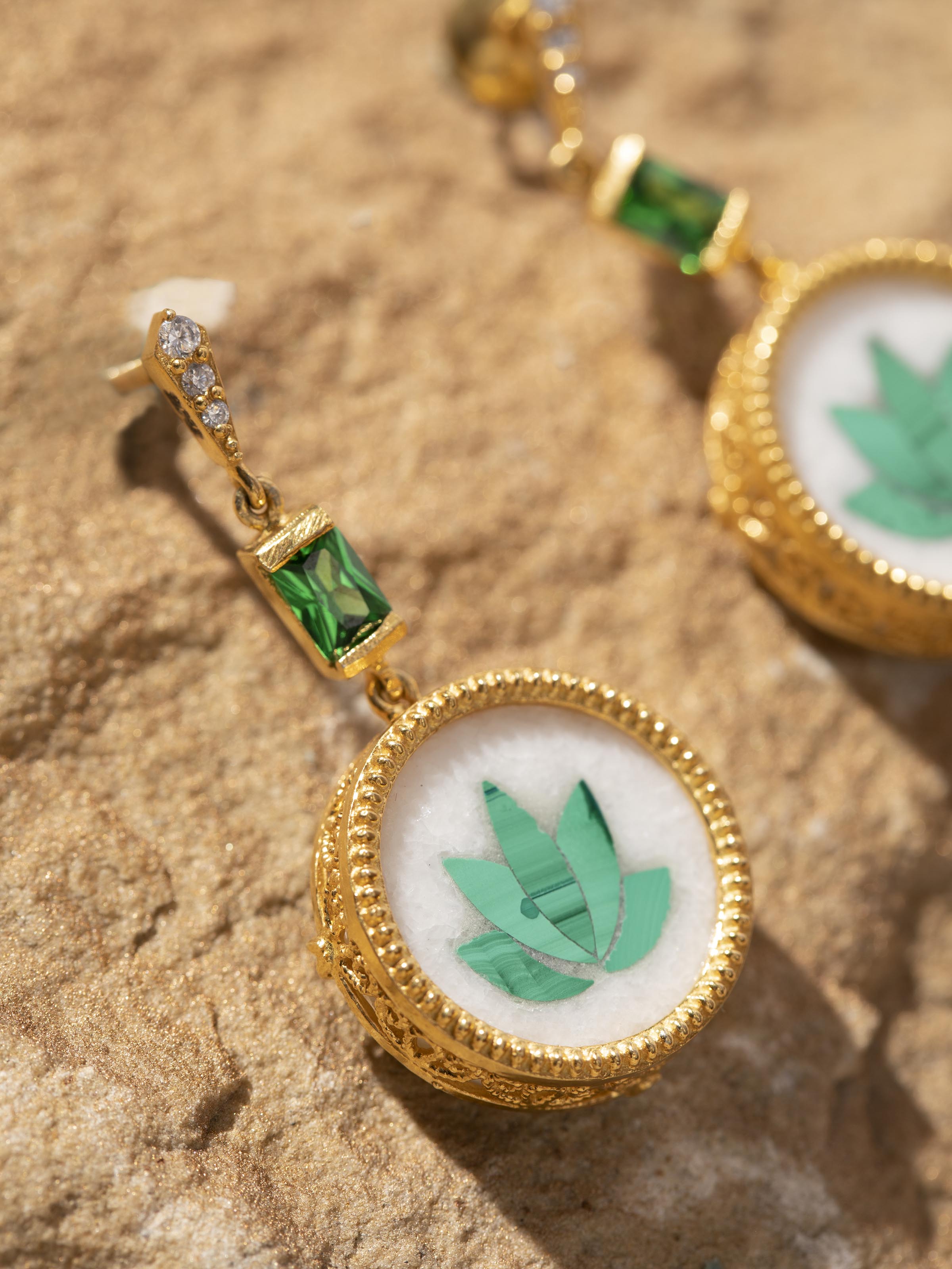 Detail shot highlighting the intricate engraving and inlay design on Parchinkari Silver Drop Earrings.