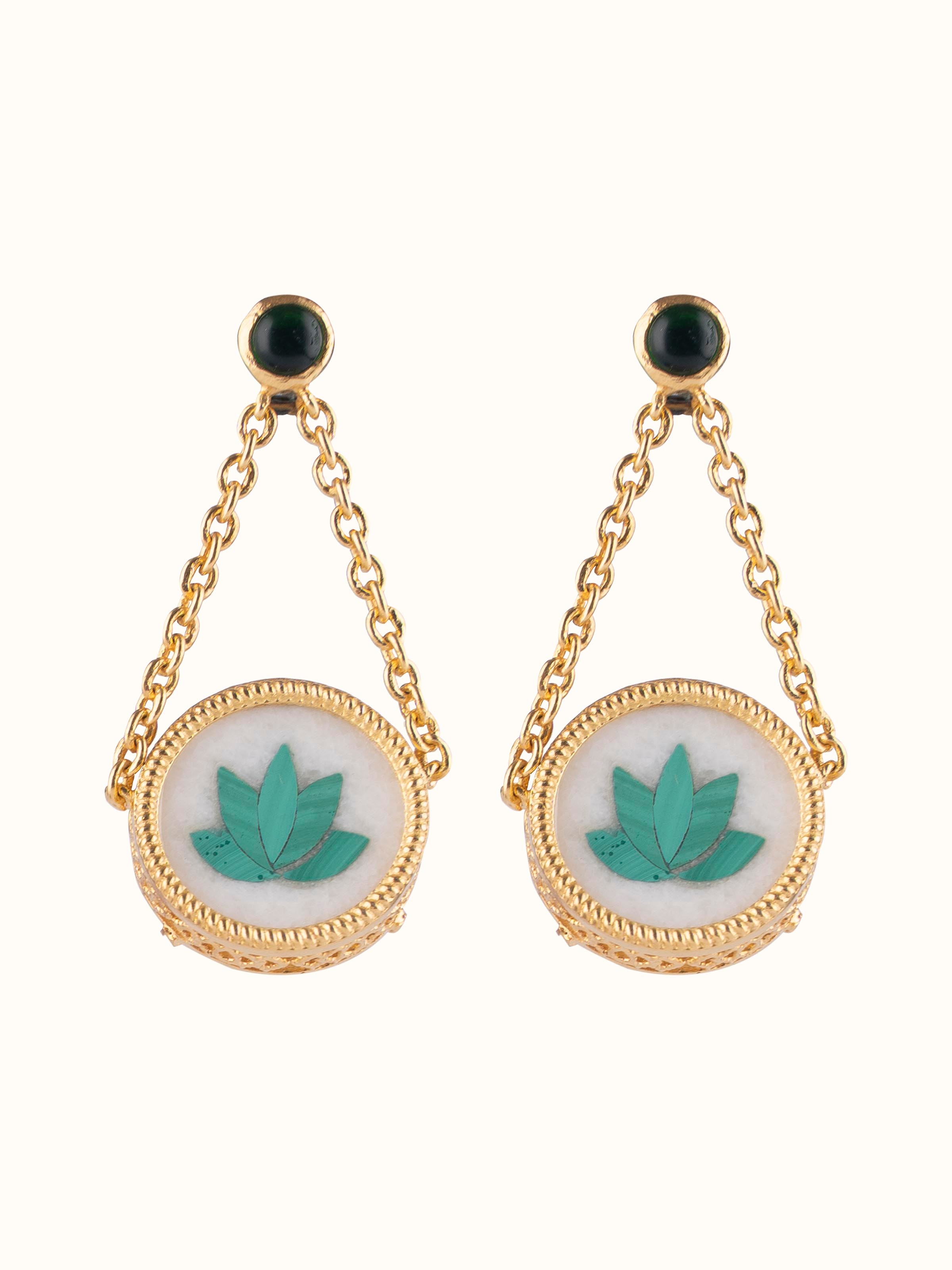 Front view of Pacchikari silver drop earrings showcasing their traditional design and intricate detailing.