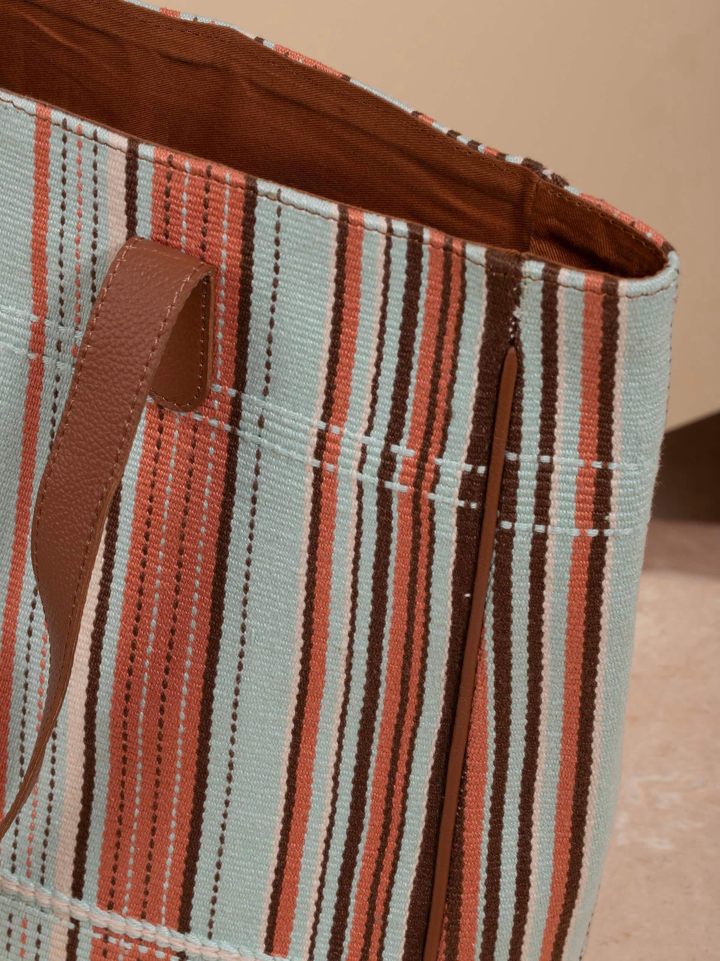 Detailed view of Leather & textile Nagaland loin loom tote bag's loom work