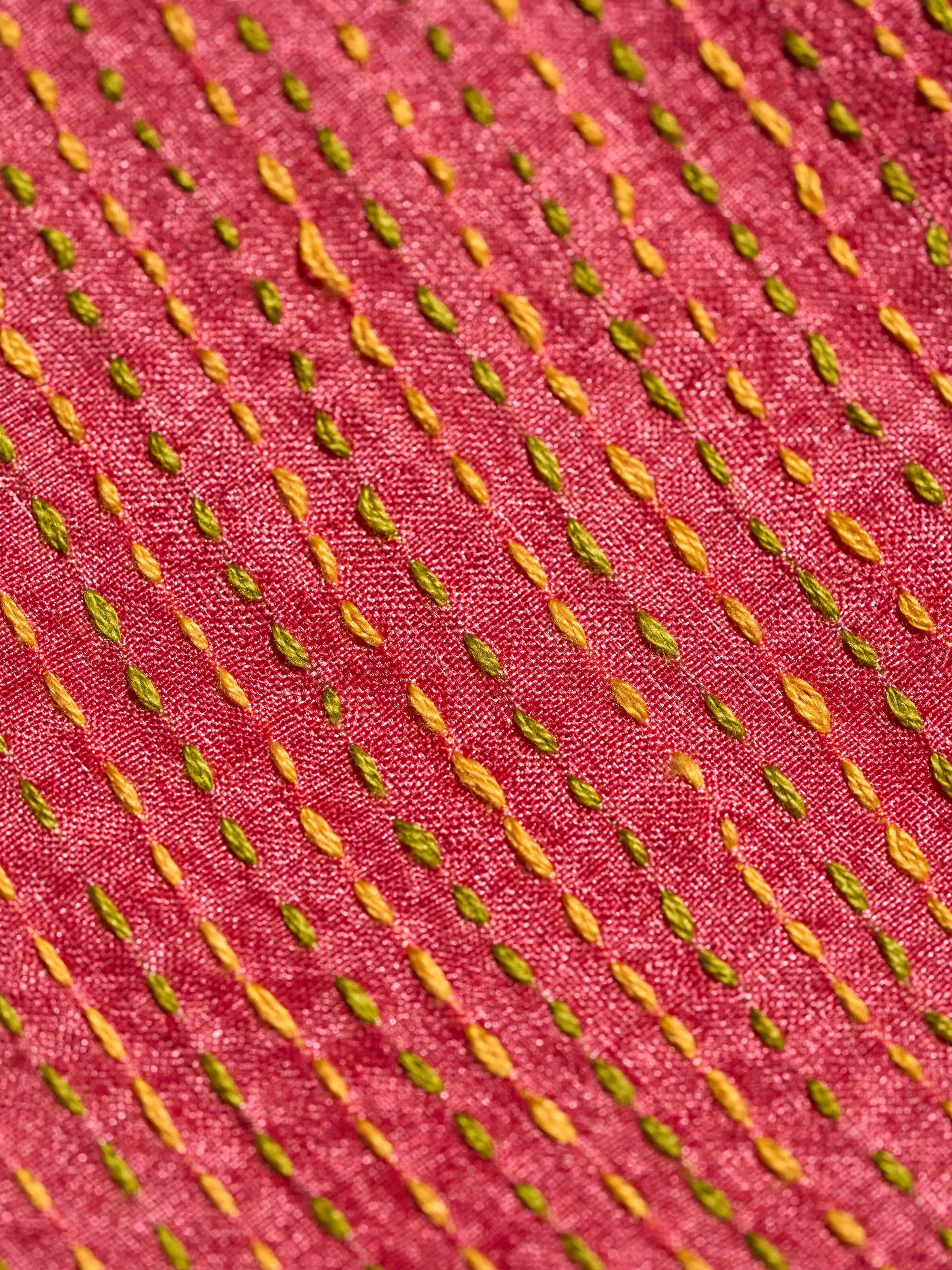 Back-angled image focusing on fabric finish and pattern continuity.