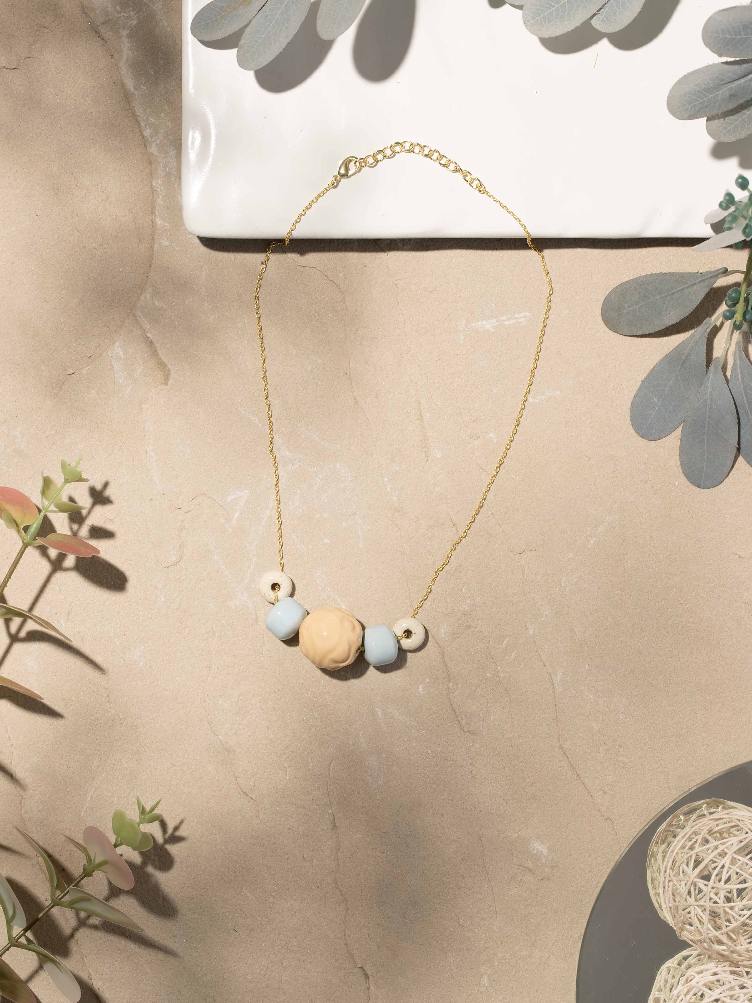 Top view of Ceramic long necklace emphasizing unique craftsmanship