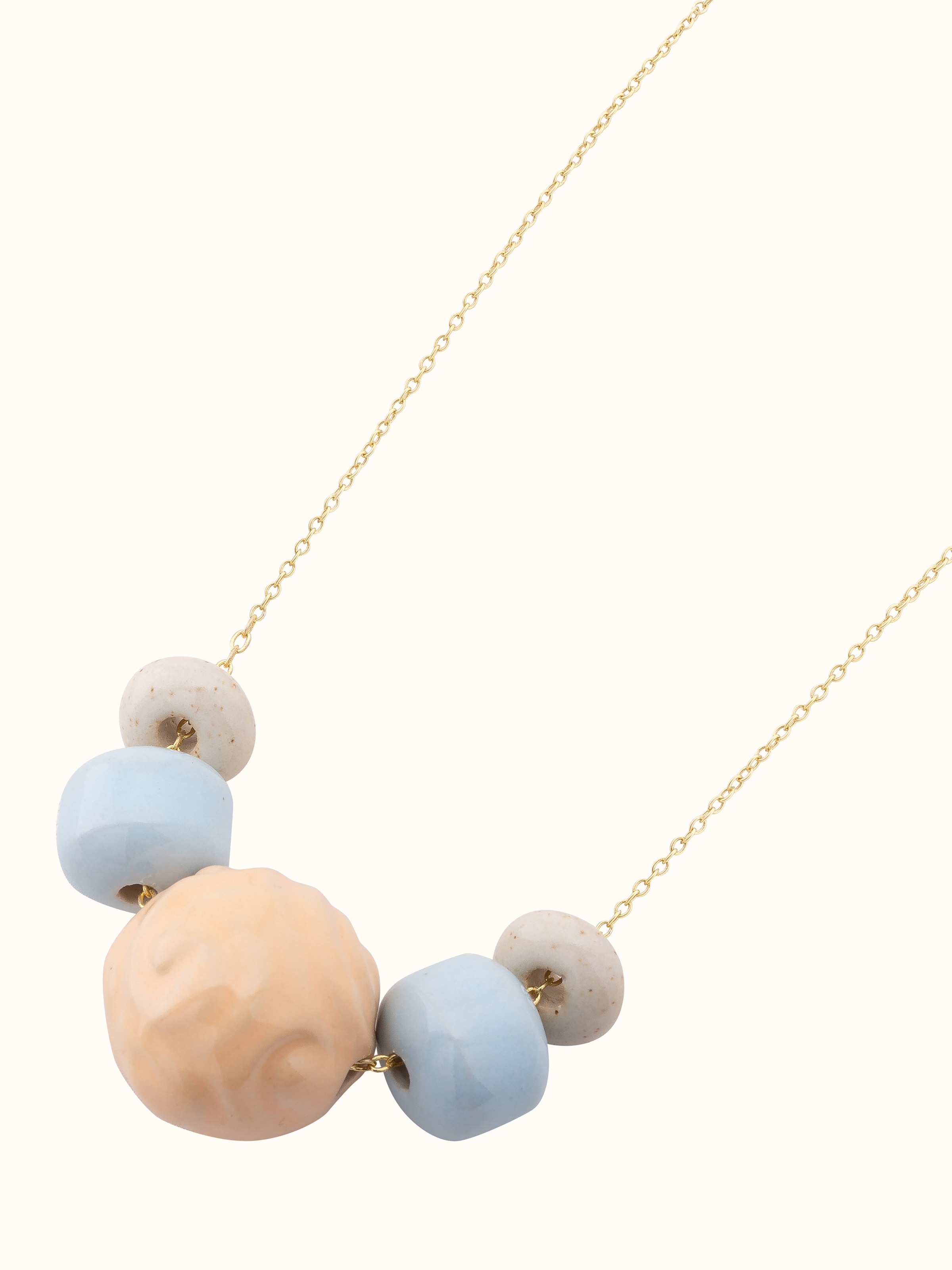 close view of Ceramic long necklace emphasizing unique craftsmanship