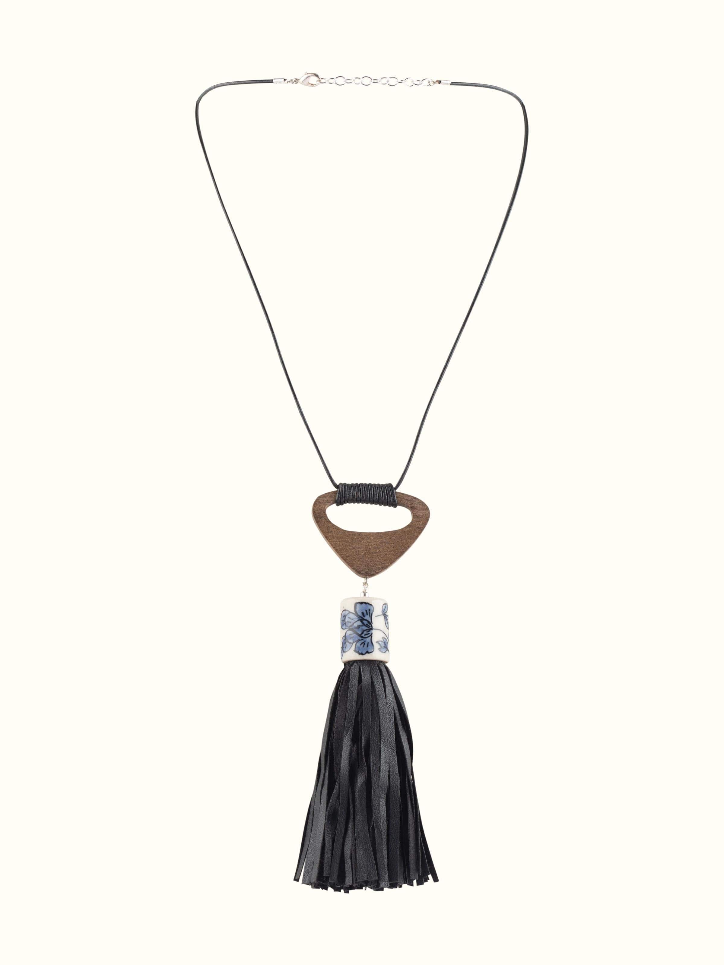 Front view of ceramic long necklace highlighting its elegant design and craftsmanship