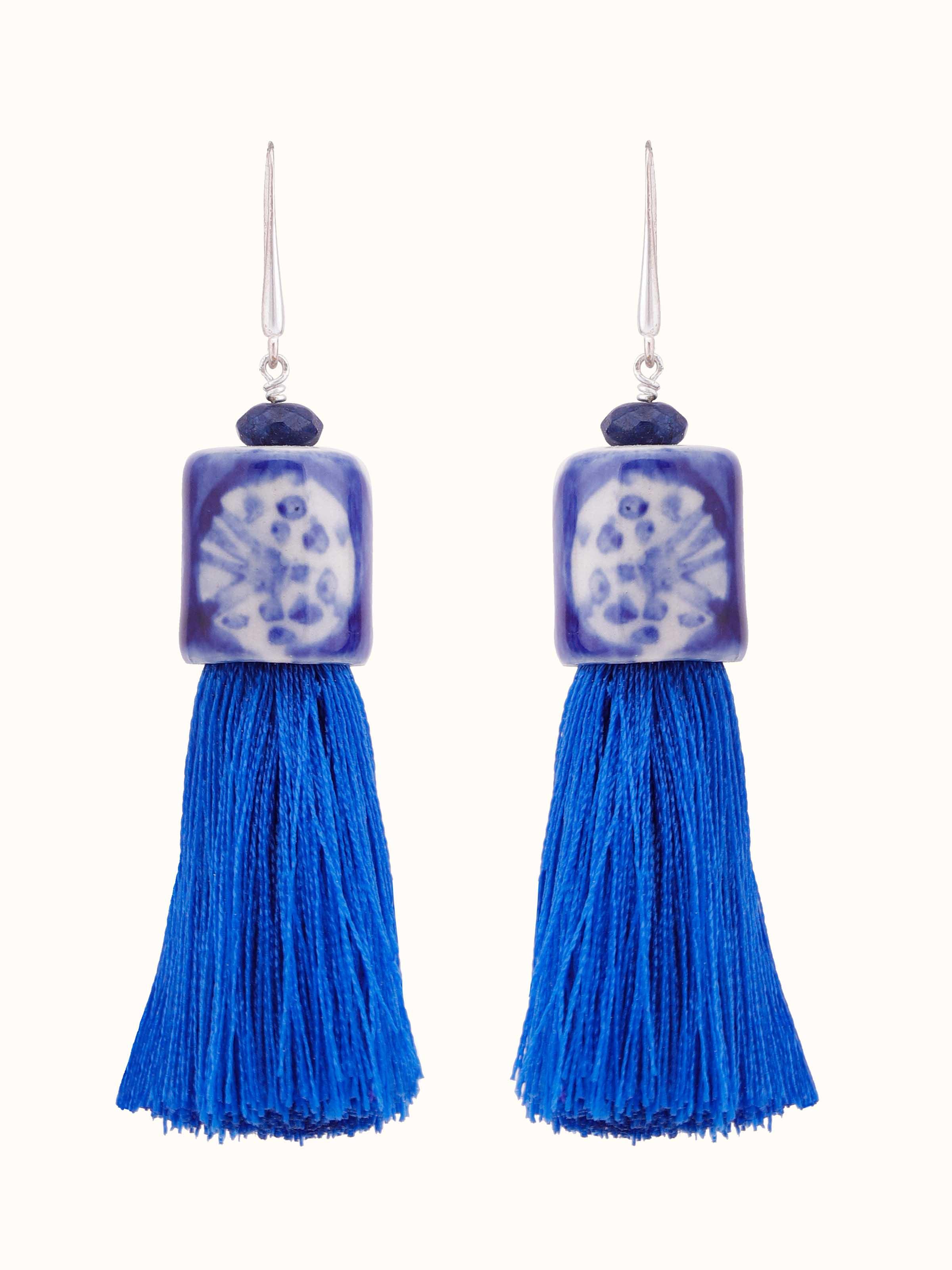Front view of Ceramic Drop Earrings showcasing vibrant ceramic patterns and artistic design