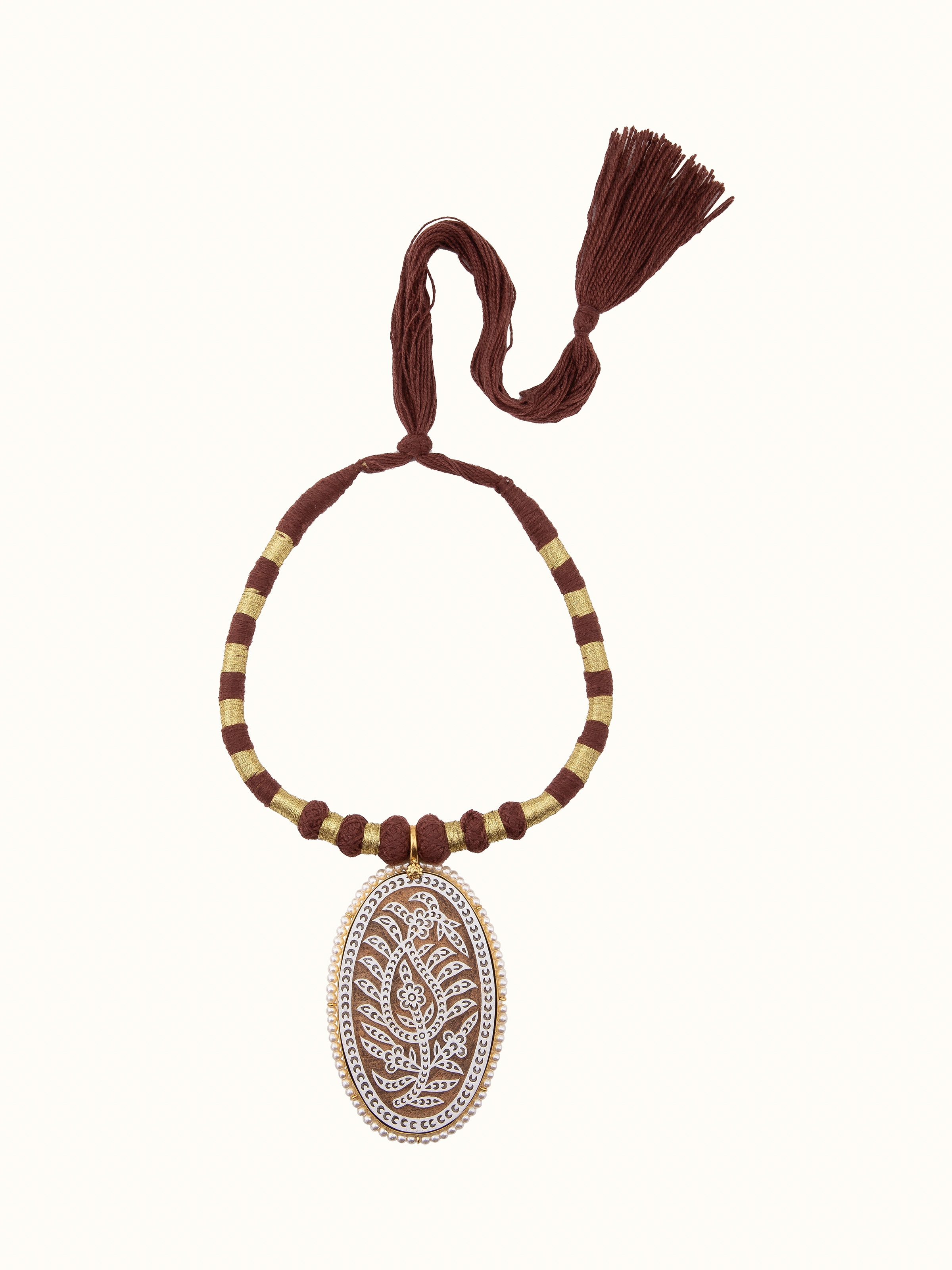 Front view of wood block carving collar necklace with intricate carvings and design.