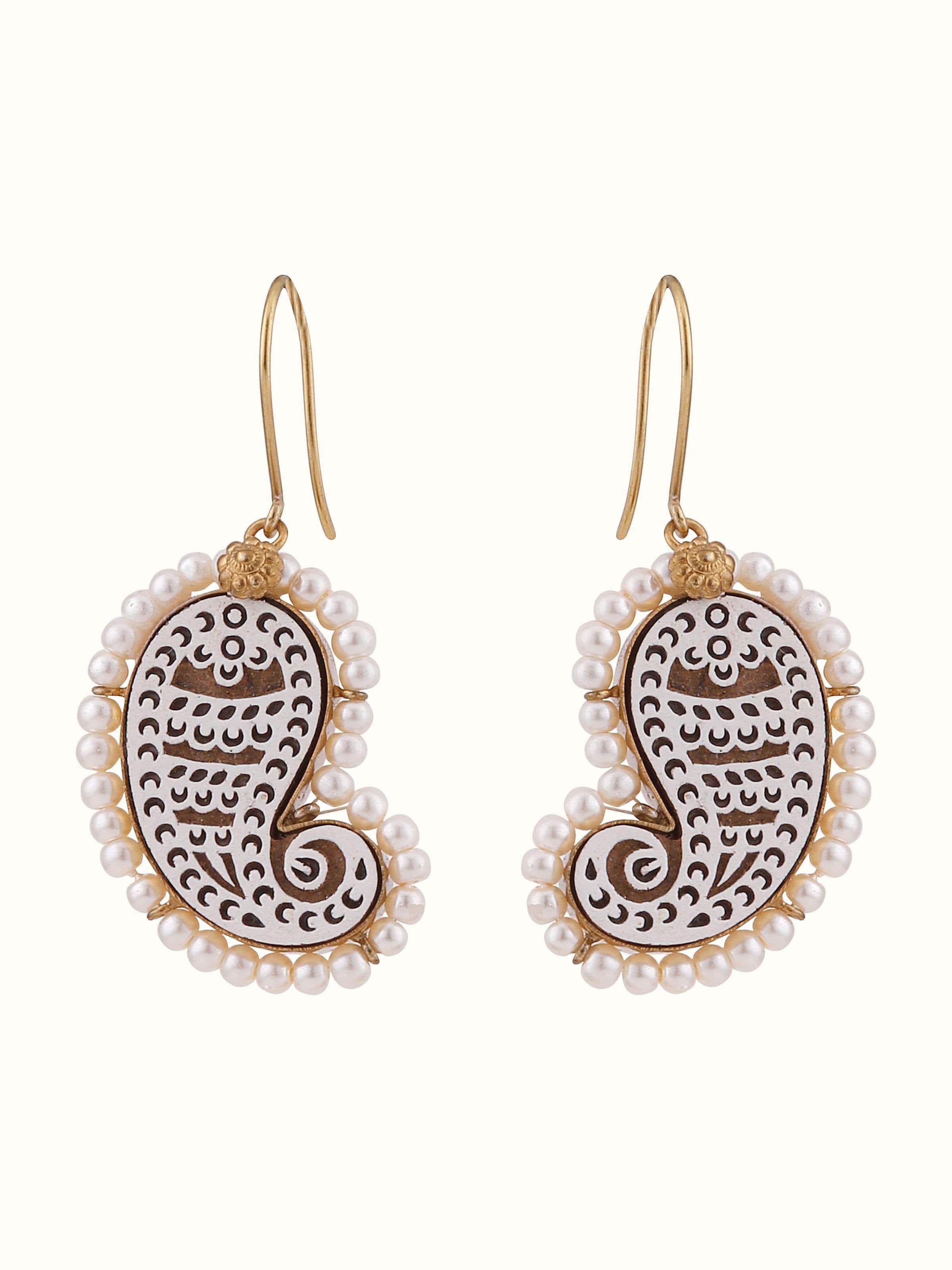 Front view of Wood Block Carving Drop Pair Earrings showcasing detailed wood carvings and design.
