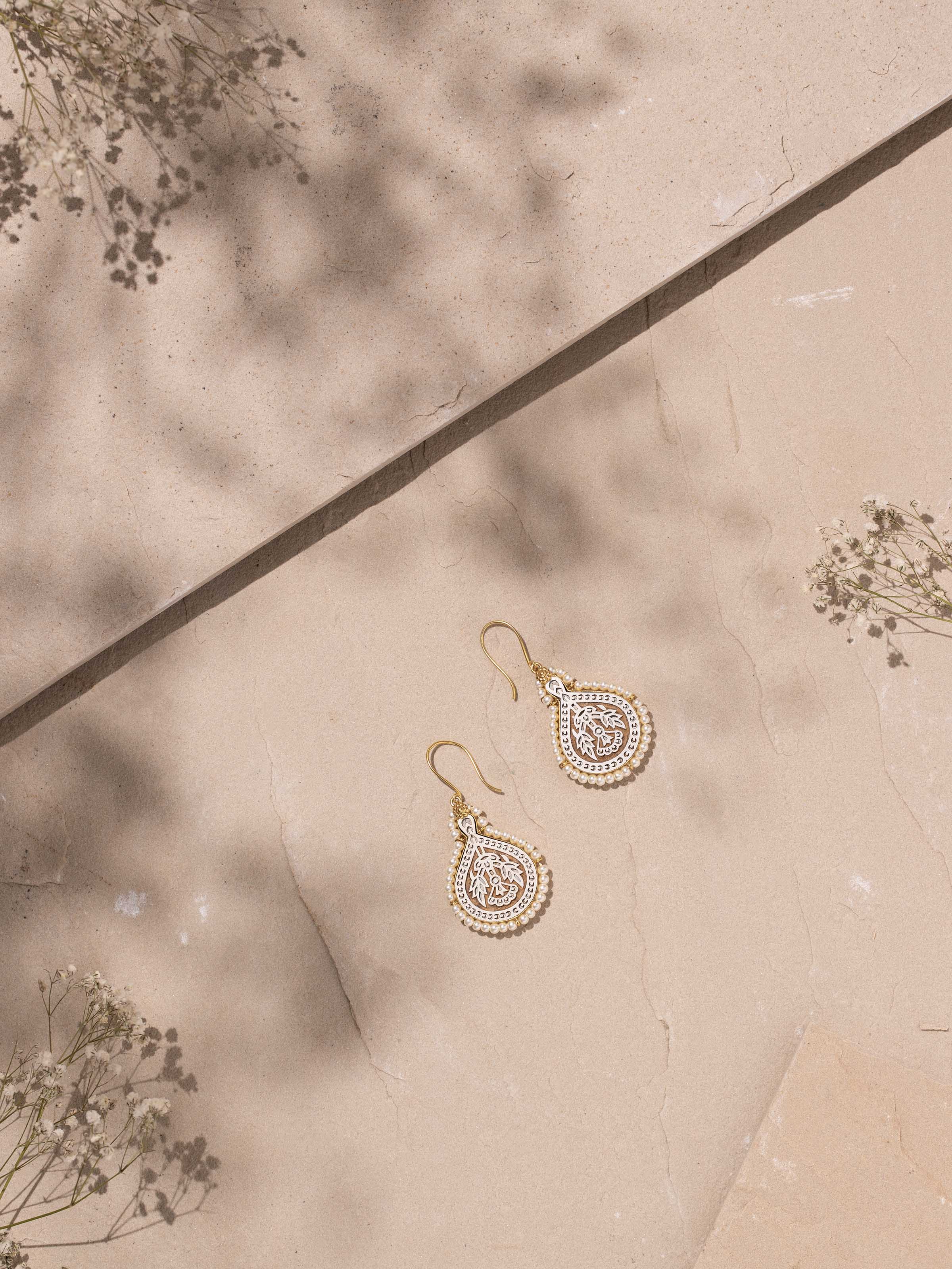 Close-up view of Wood Block Carving Drop Pair Earrings showcasing the fine wooden craftsmanship and intricate details.