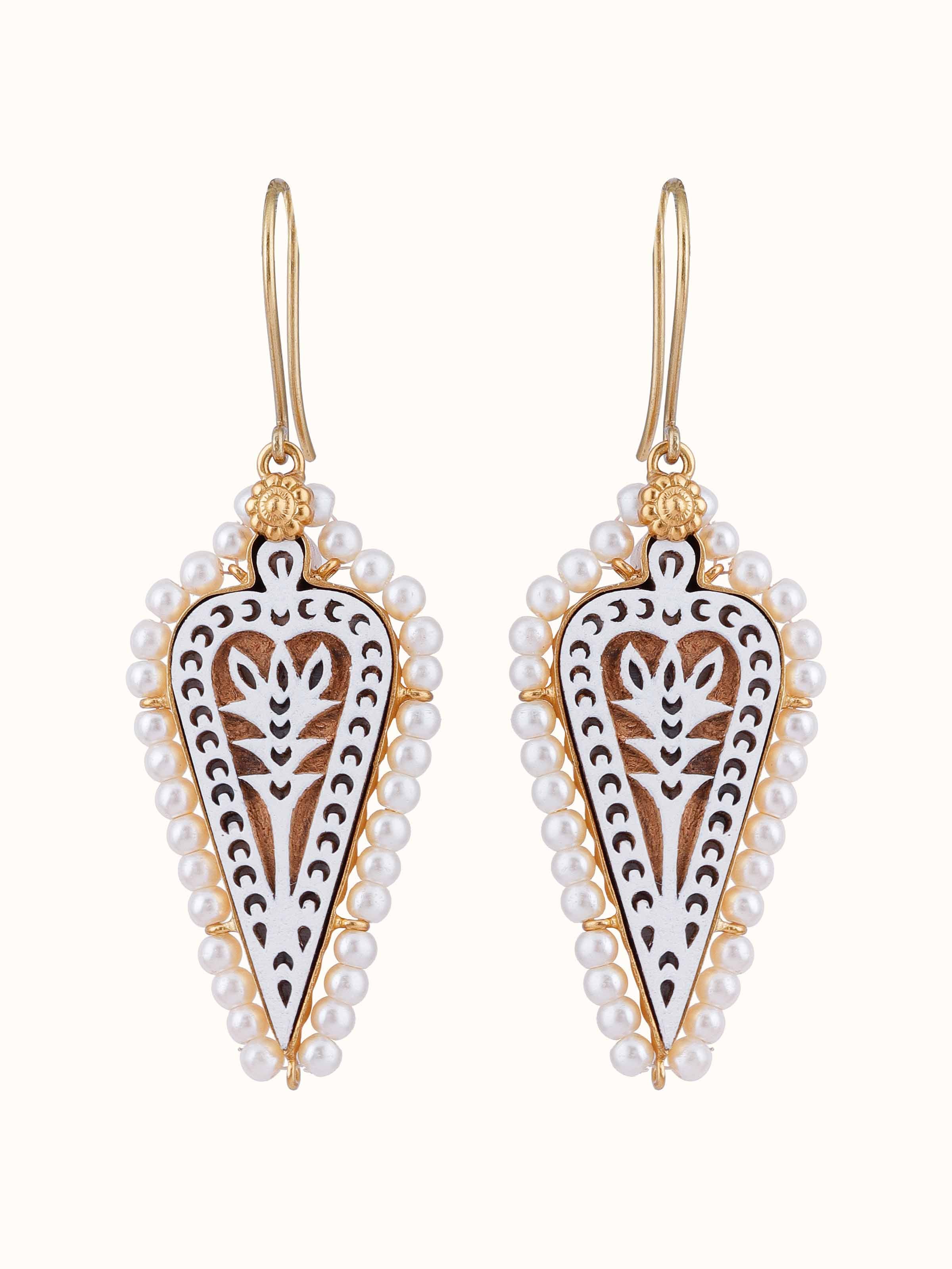 Front view of Wood Block Carving Drop Pair Earrings showcasing traditional block carving and intricate designs.