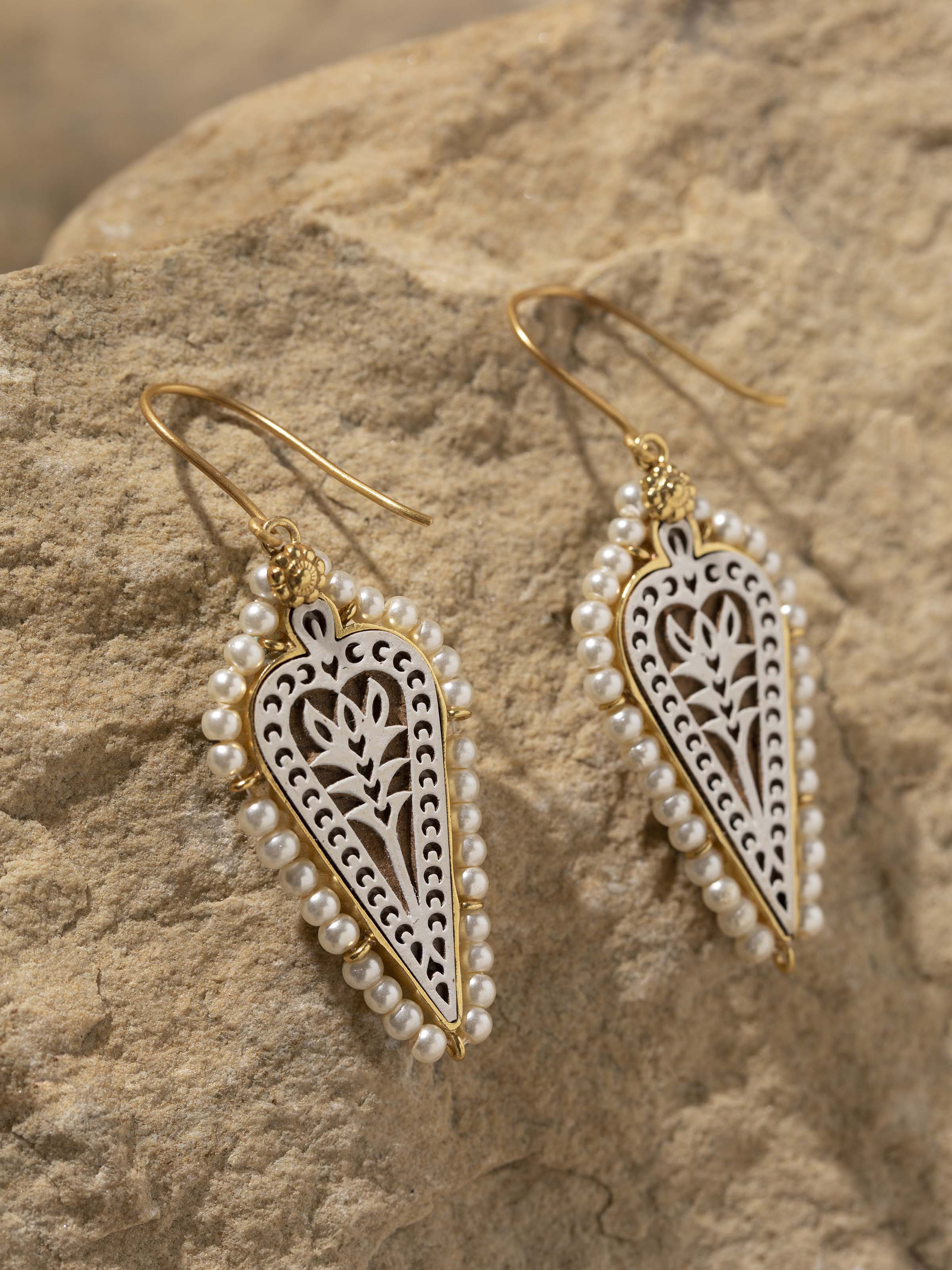 Detailed view of Wood Block Carving Drop Pair Earrings focusing on the block carving details and design.
