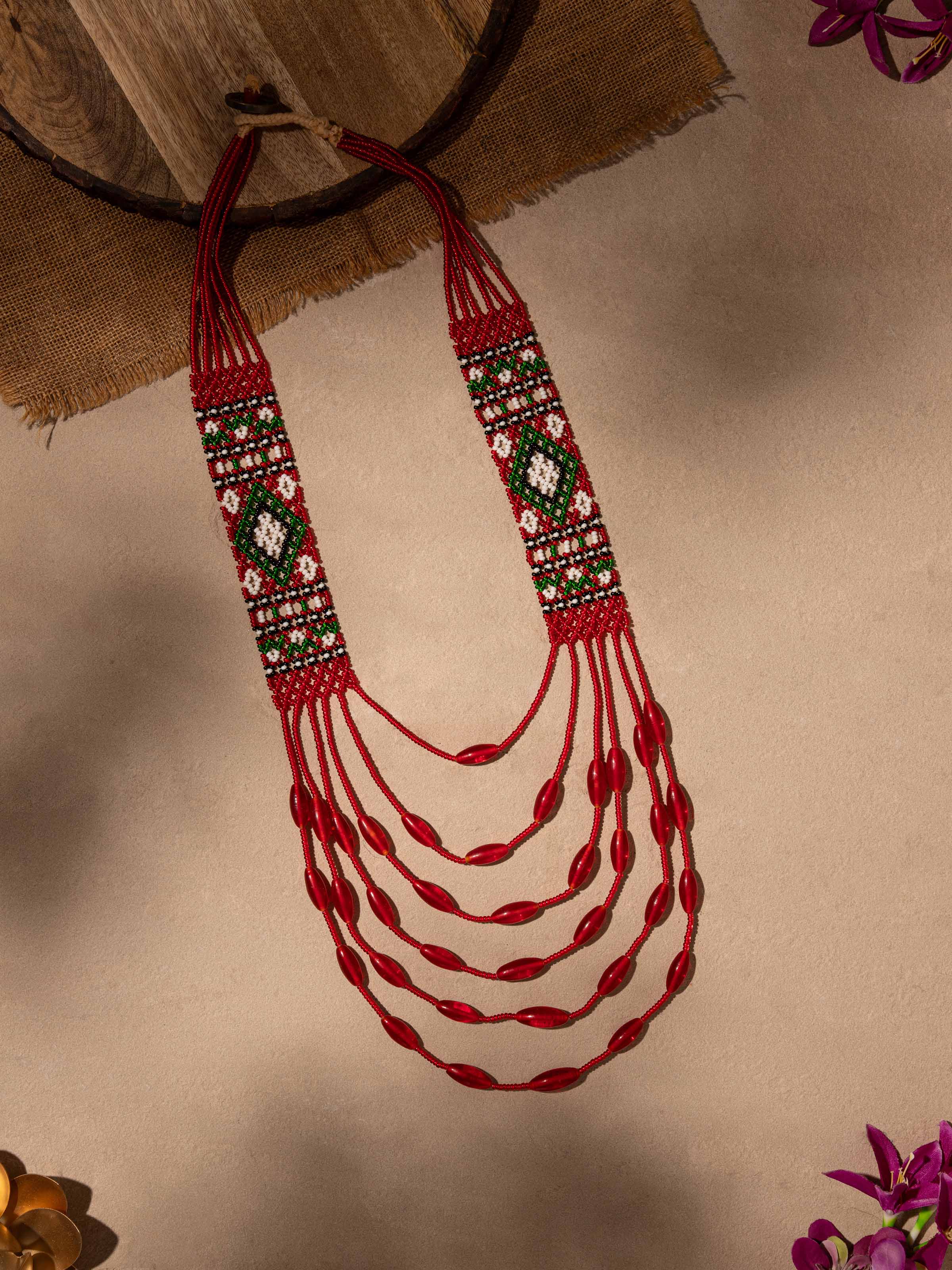 Close-up view of Glass Beads Long Necklace highlighting the detailed glass beadwork.