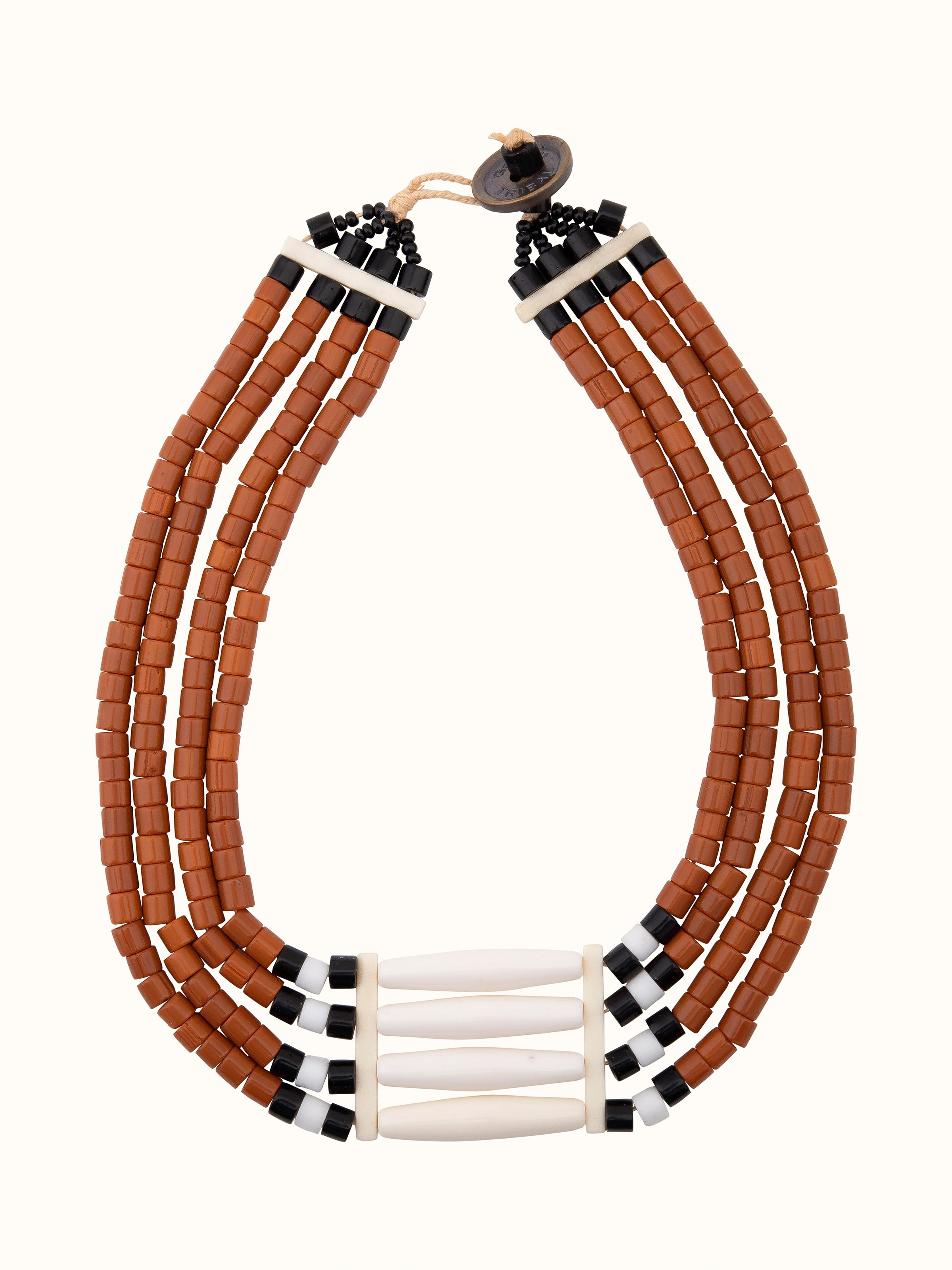 Front view of beads and faux bones collar necklace with vibrant colors and texture