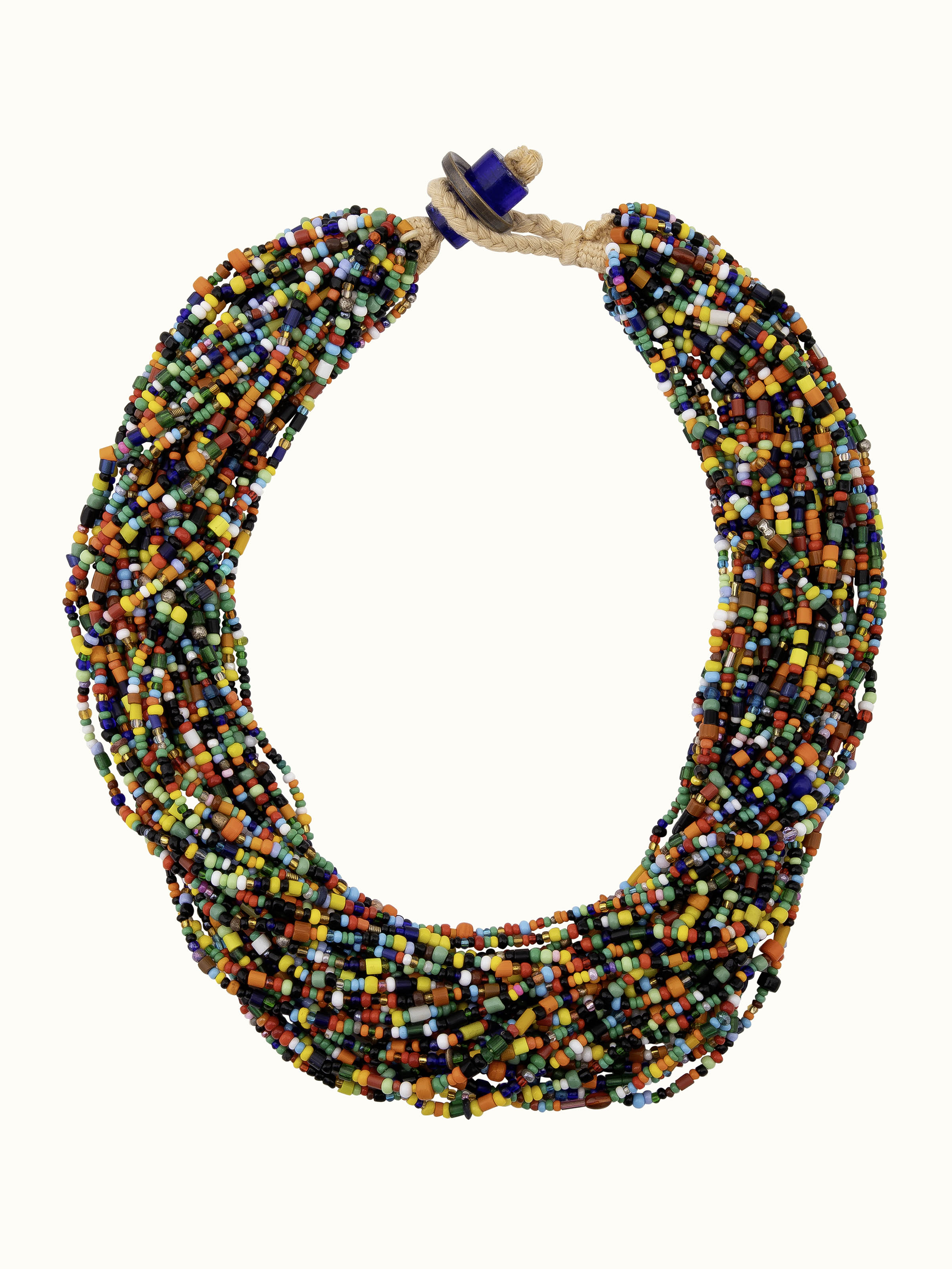 Front view of bead collar necklace showcasing vibrant bead patterns.