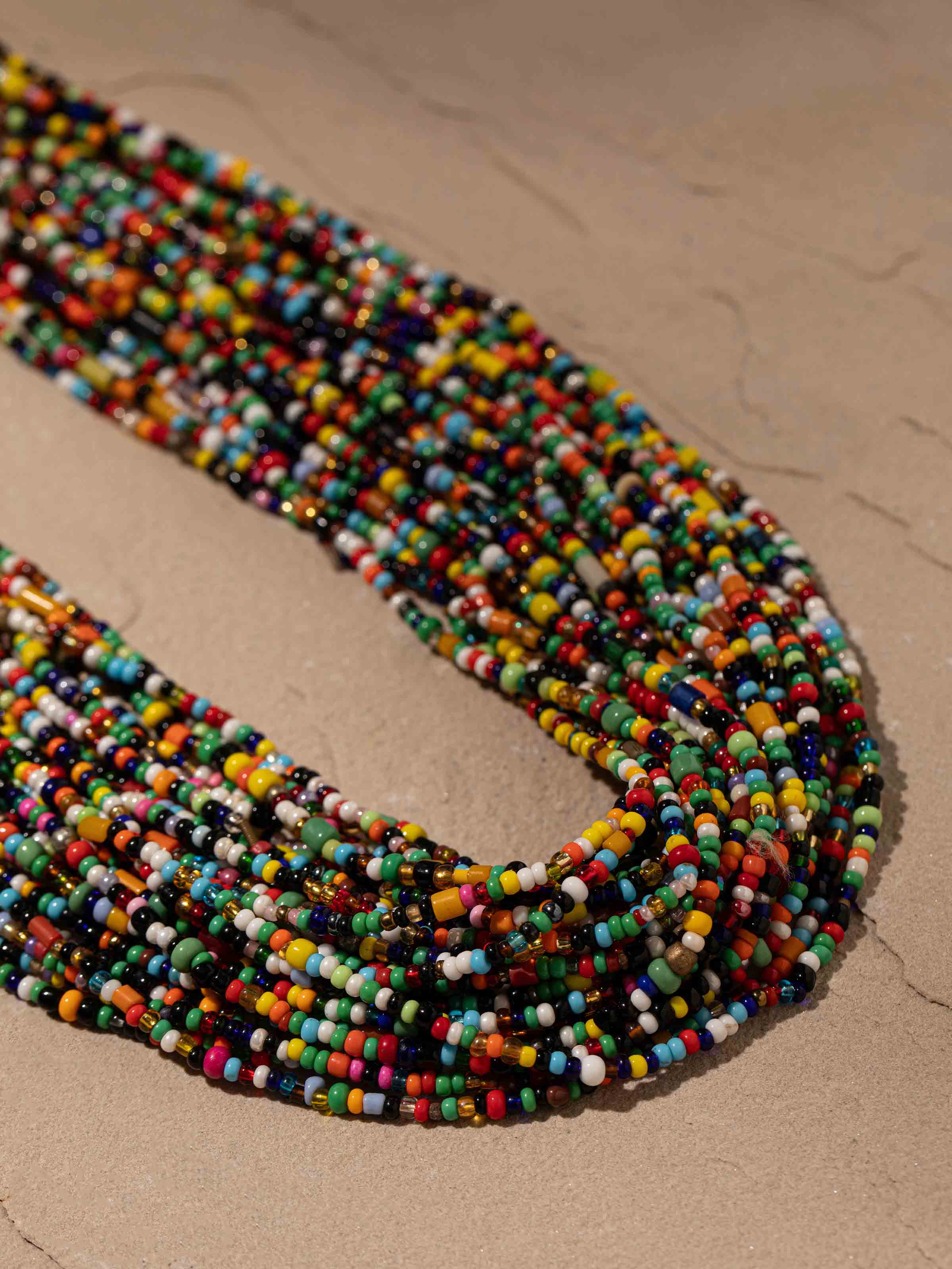 Detailed shot of bead collar necklace focusing on its artistic bead design.