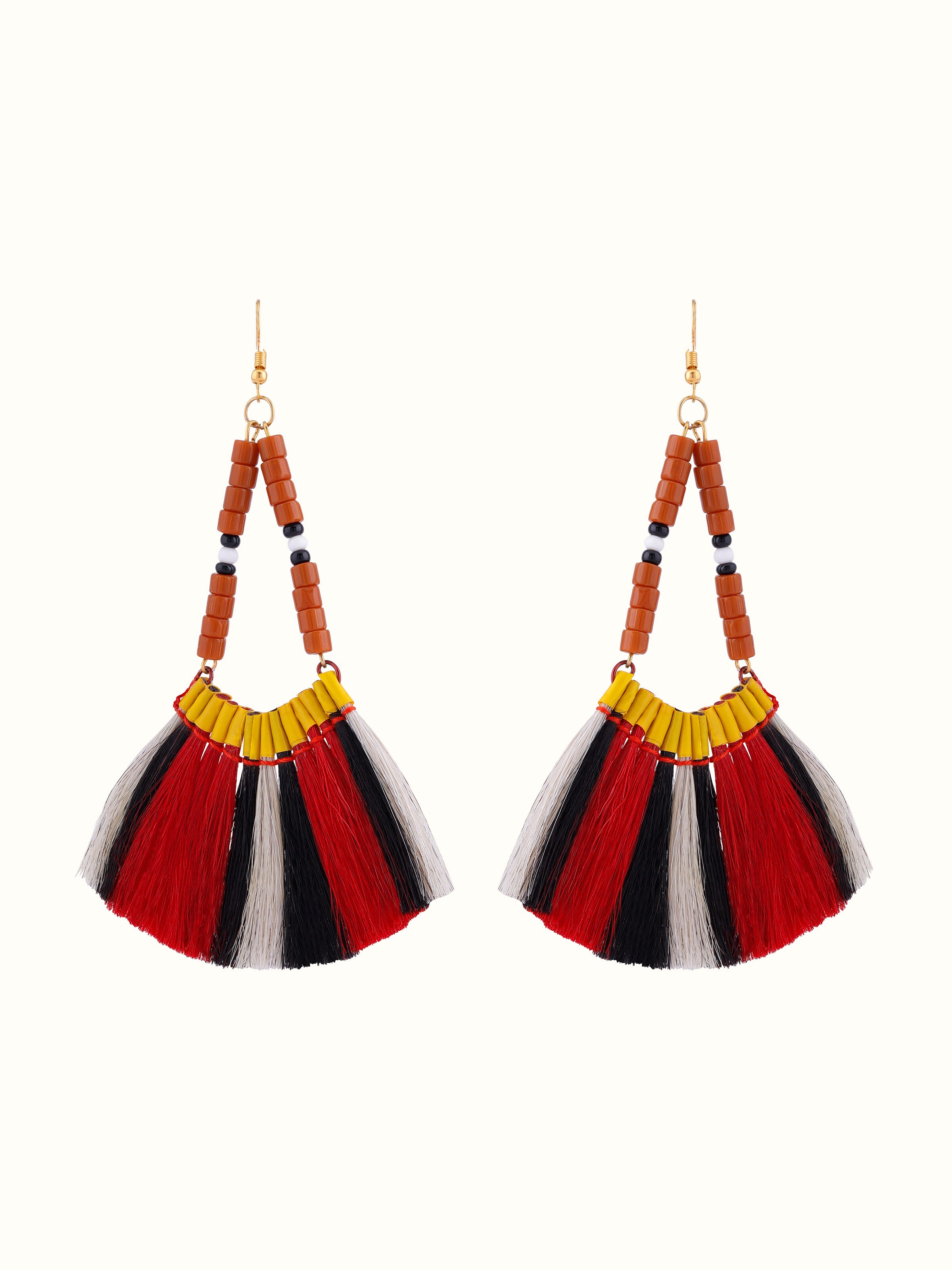 Front view of Bead & Dyed Goat Hair Drop Earrings showcasing vibrant colors and intricate beadwork
