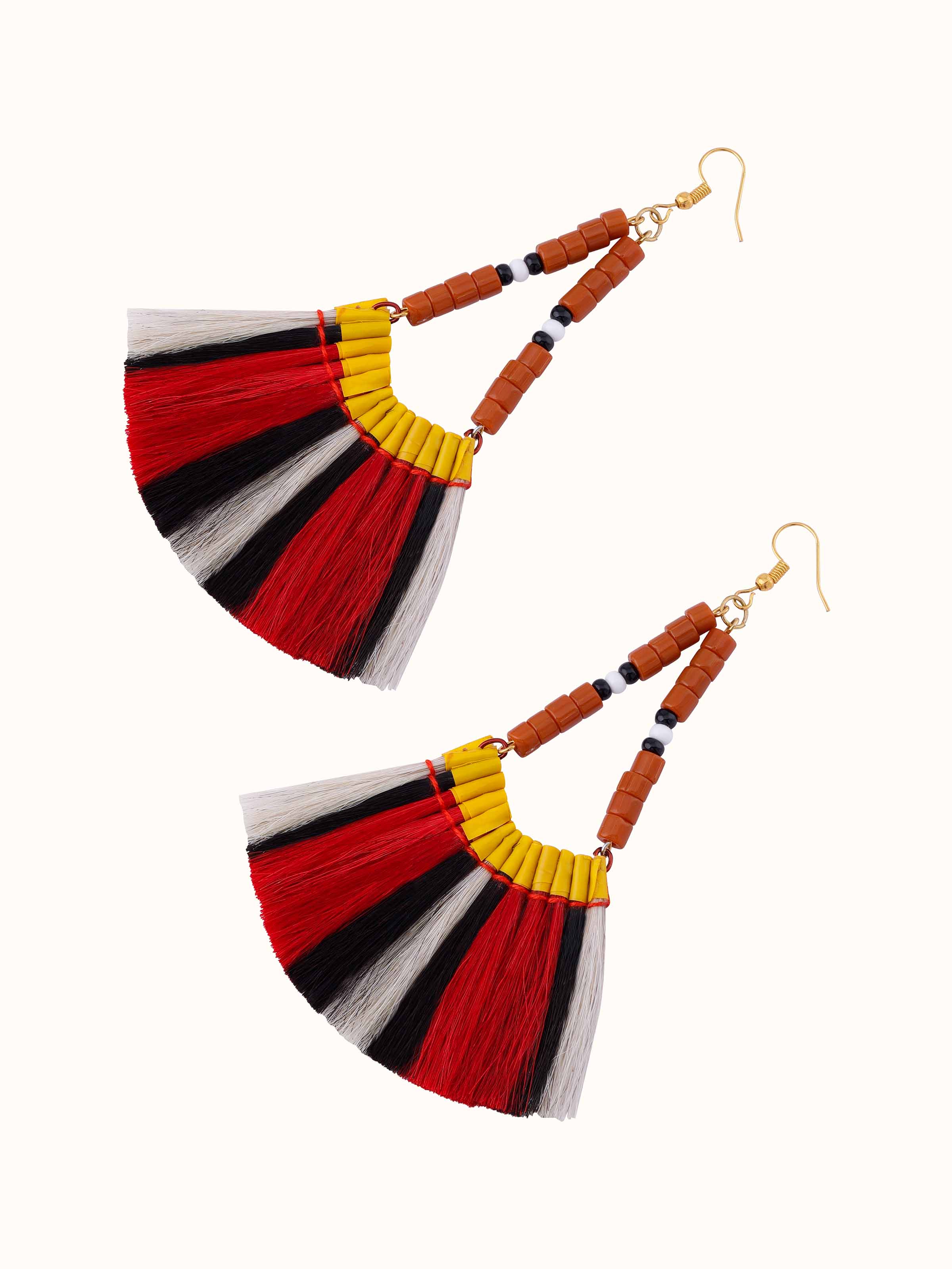 Overhead view of Bead & Dyed Goat Hair Drop Earrings showcasing the full design and vibrant colors