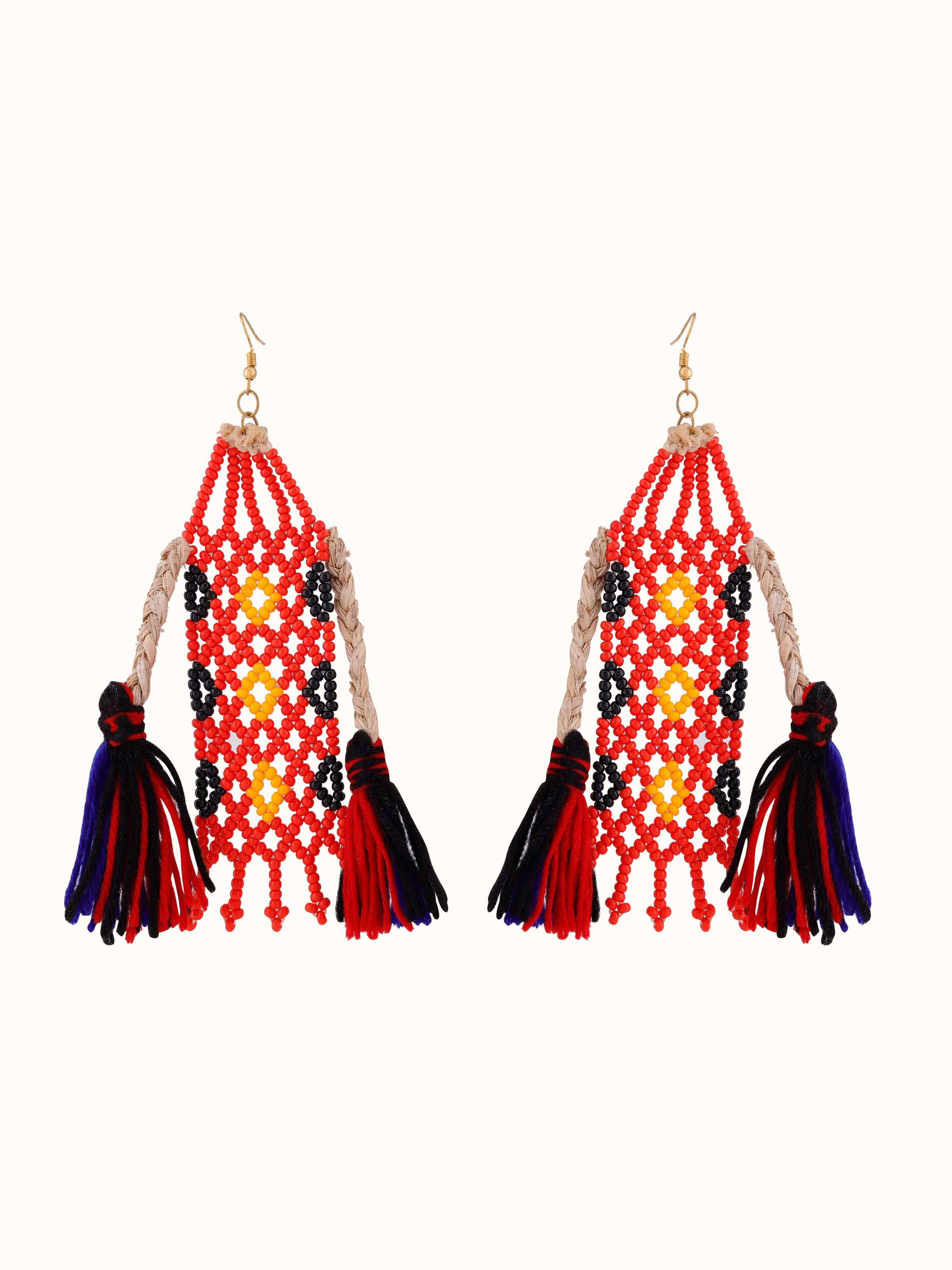 Overhead view of Bead & Banana Fibre Drop Earrings showcasing unique beadwork and natural fibre design.
