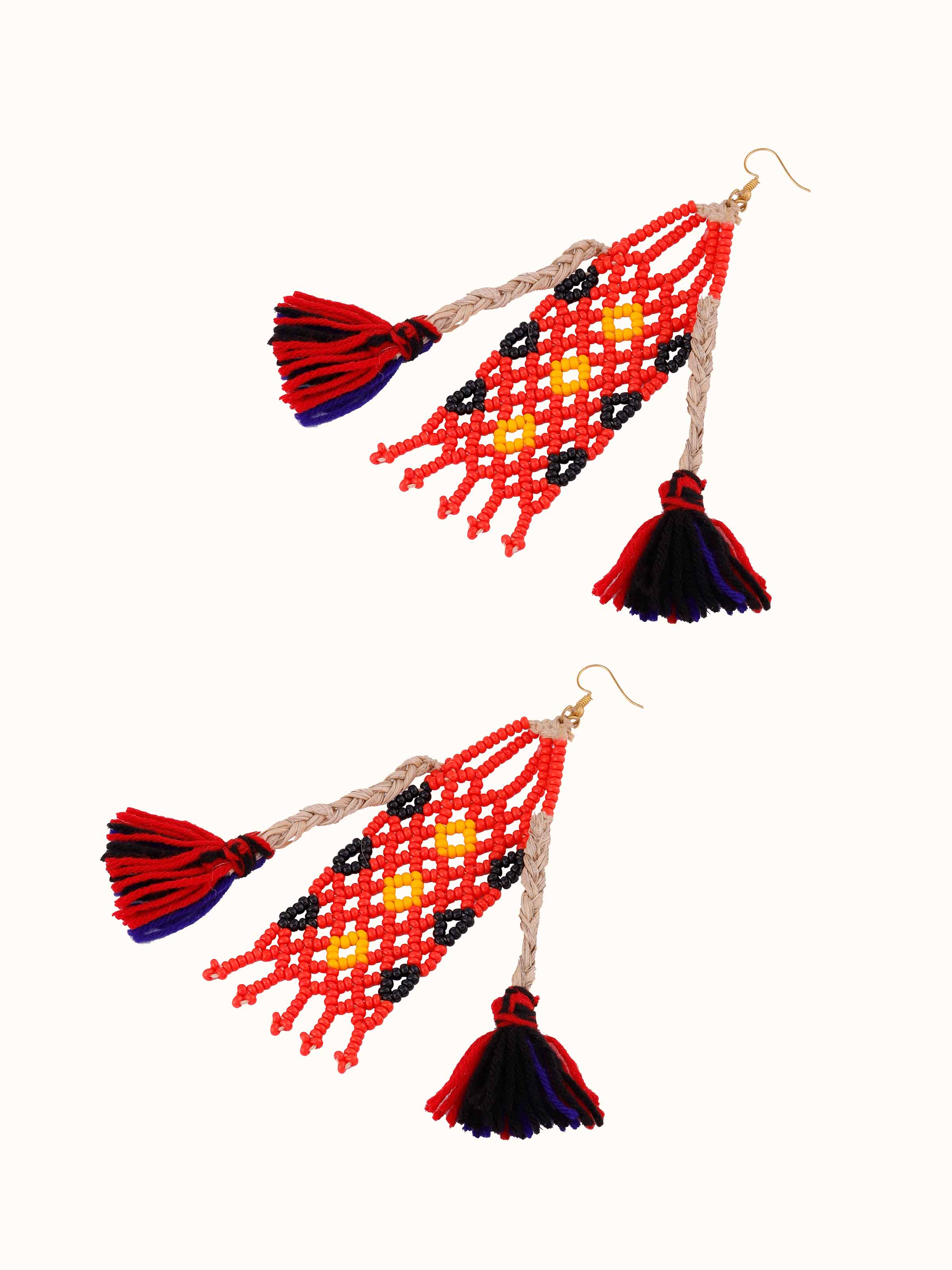 Artistic angle of Bead & Banana Fibre Drop Earrings displaying their unique texture and design elements.