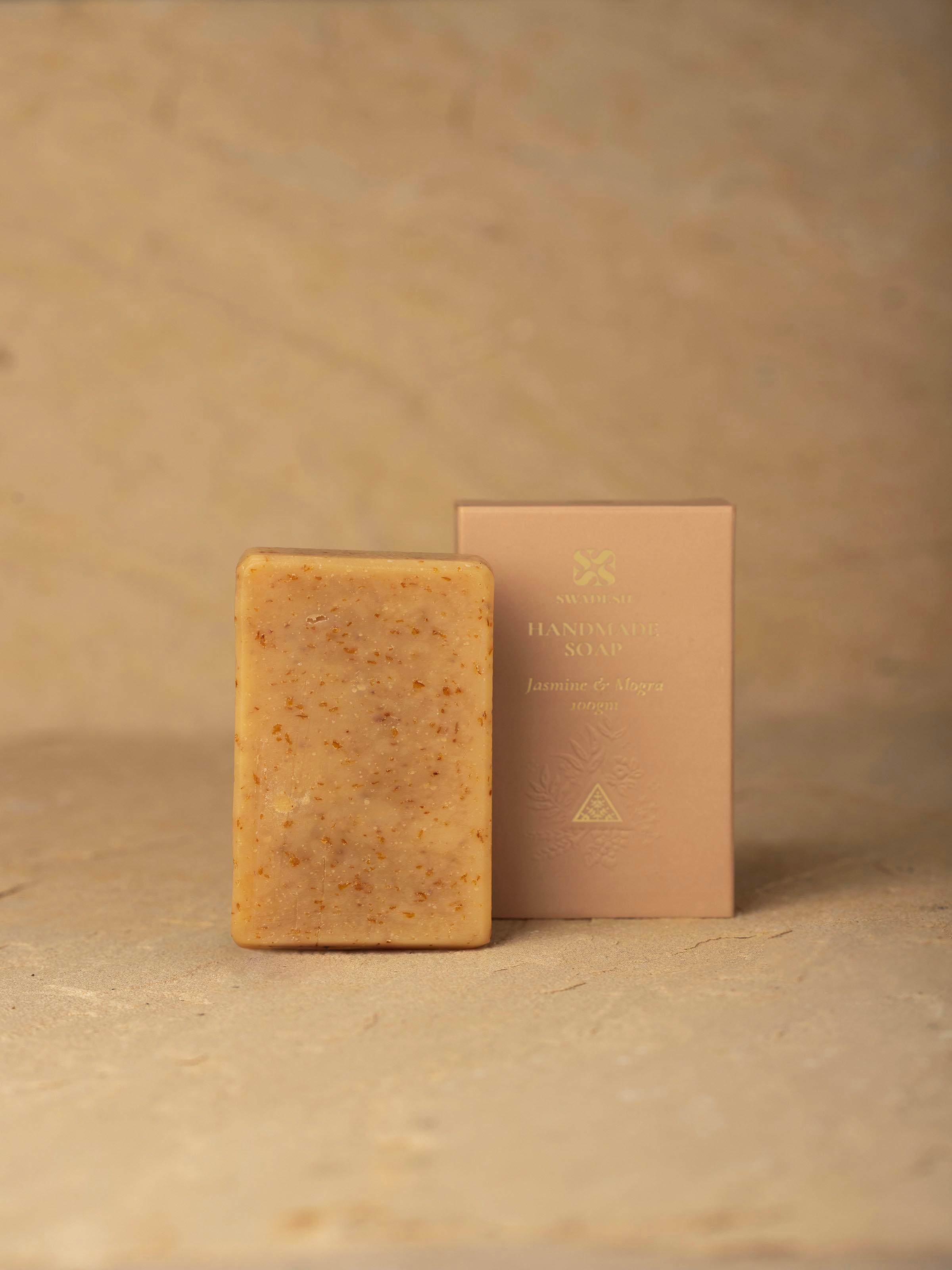 Close-up of Handmade Soap Jasmine & Mogra focusing on the intricate design and floral scent elements.