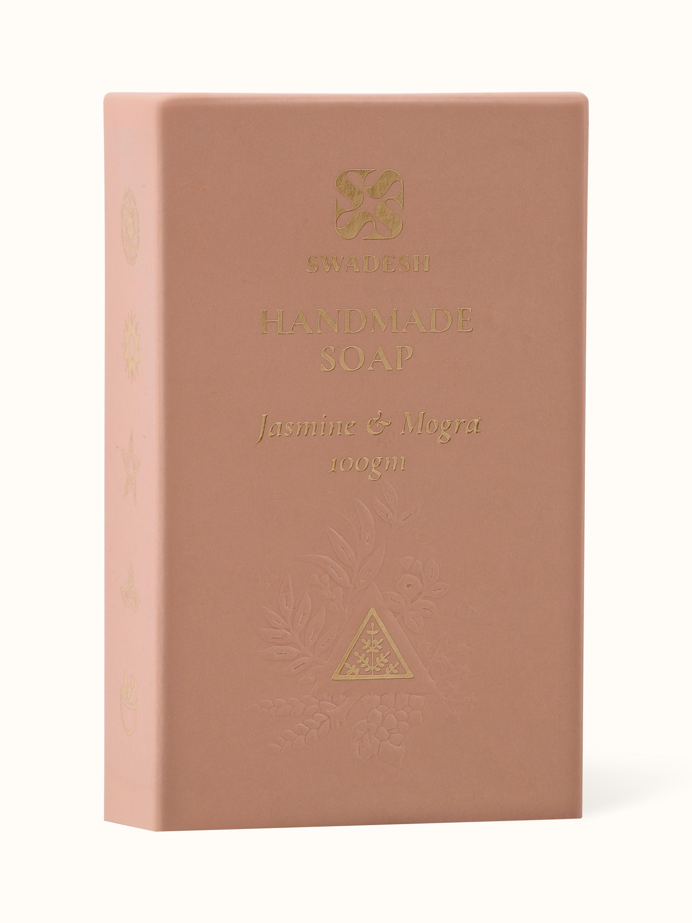 Back view of Handmade Soap Jasmine & Mogra displaying the product's ingredient list and branding.