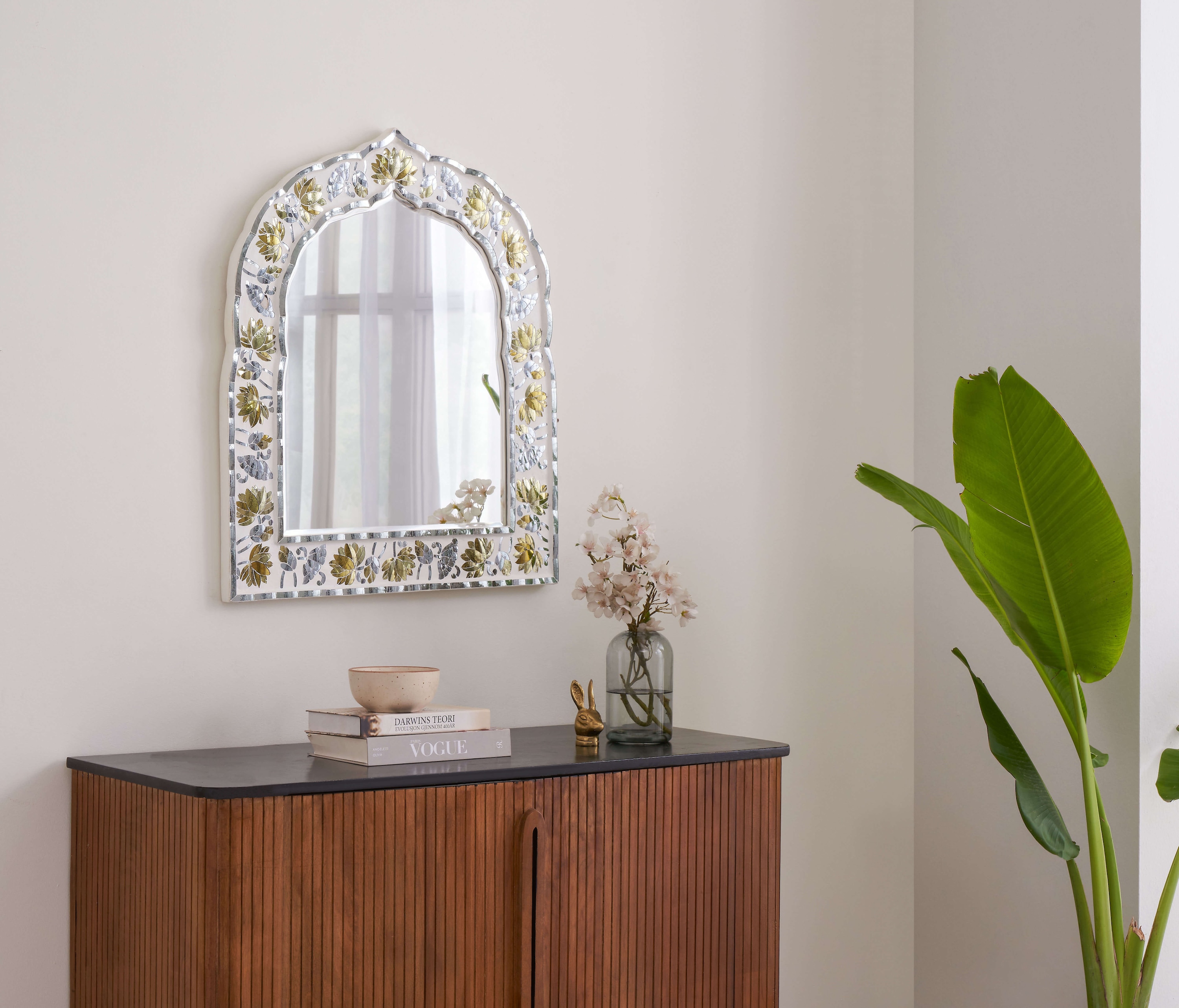 Side view of Swadesh Glass Floral Inlay Wall Mirror showcasing its elegant frame and intricate floral designs