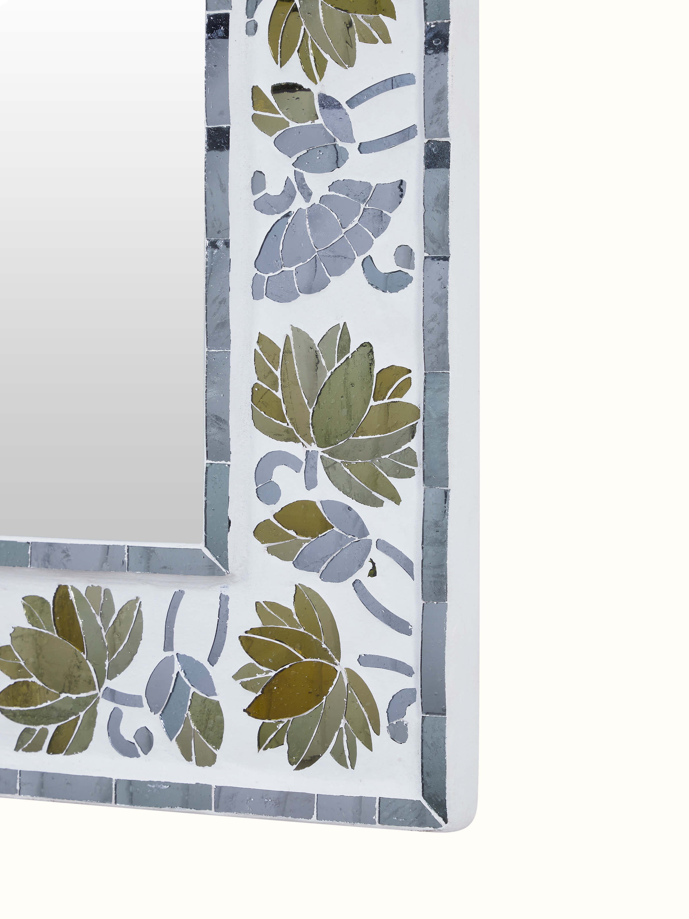 Close-up of Swadesh Glass Floral Inlay Wall Mirror emphasizing fine glass inlay and intricate floral patterns